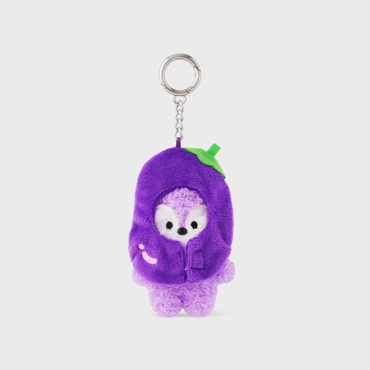 Plush purple bunny wearing an eggplant costume keychain.