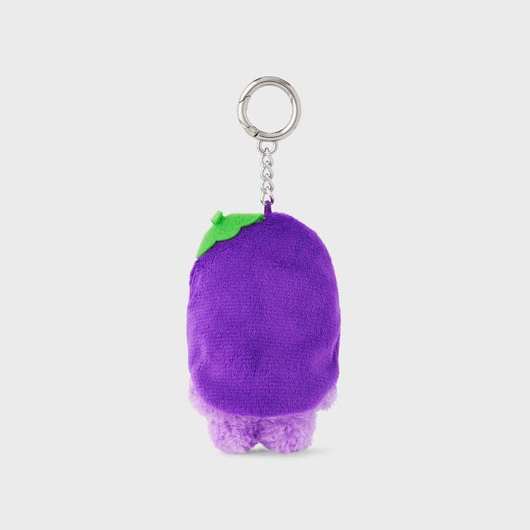 Purple plush eggplant keychain with a silver ring.
