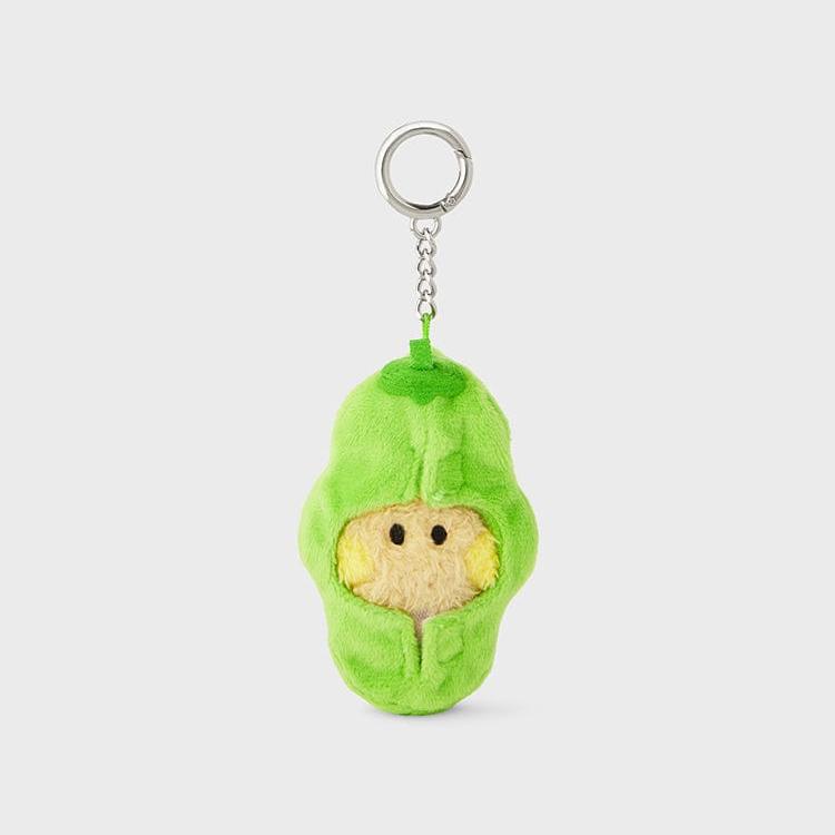 Green plush toy keychain in an avocado shape with a tan plush face.