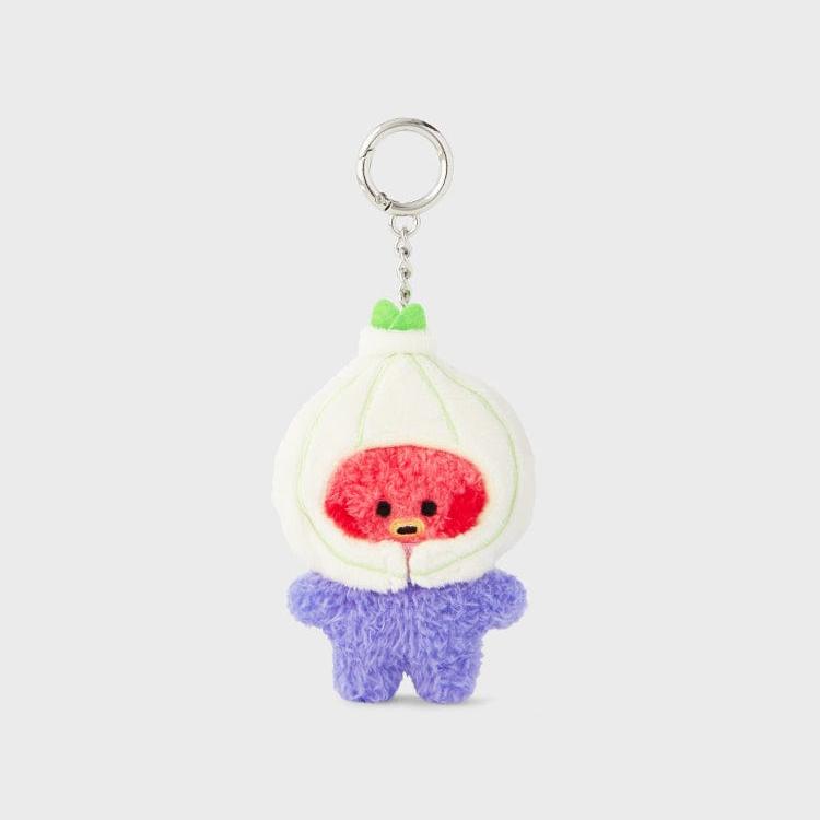 Plush keychain of red bird character wearing white onion hat and purple body.