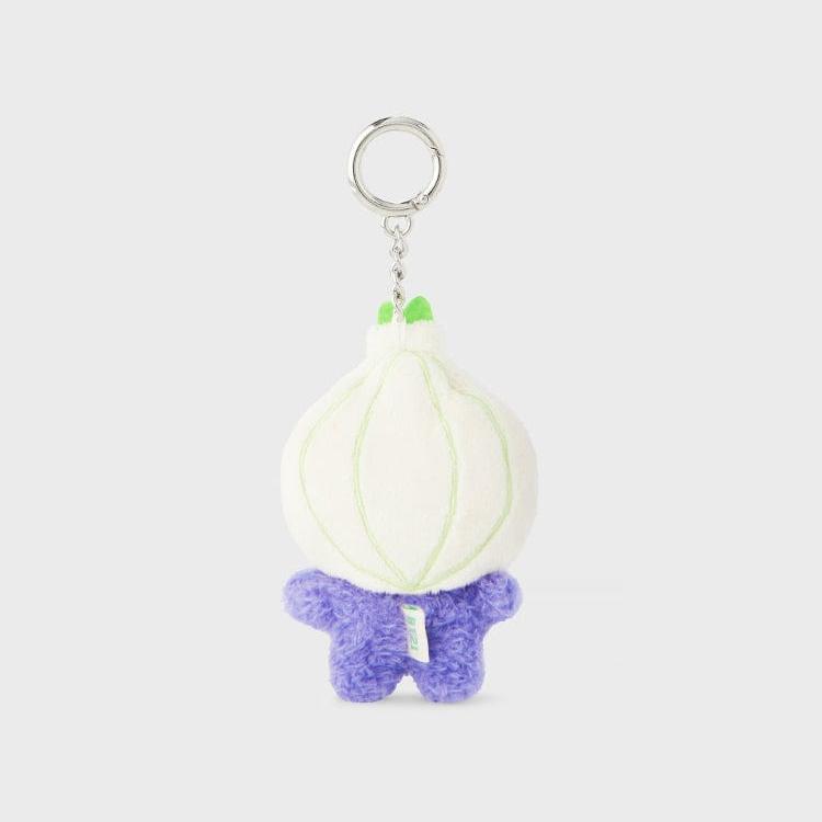 Stuffed onion plush keychain, white bulb, purple body.