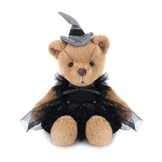 Brown plush teddy bear in black witch costume with gray hat, sitting.