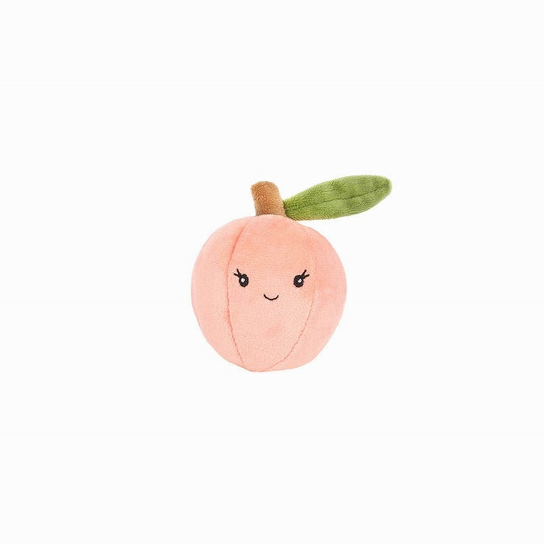 Plush toy shaped like a peach with a smiling face on a white background