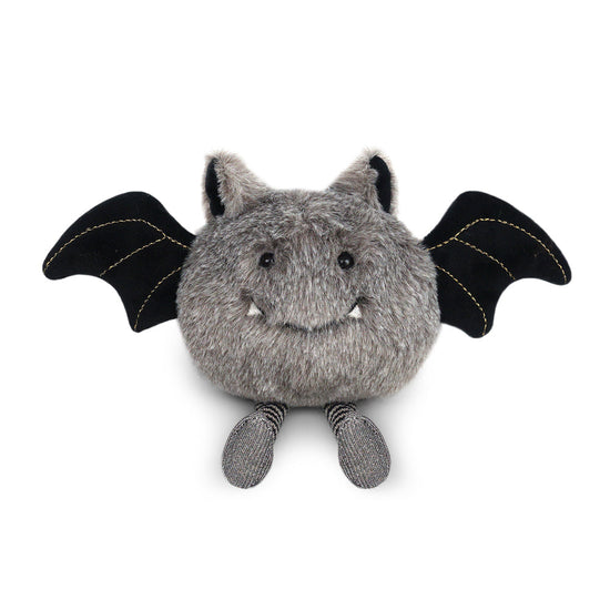 Gray stuffed bat with black wings and feet.