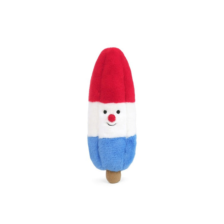 Toy resembling a gnome with a red hat, white face, and blue body on a white background