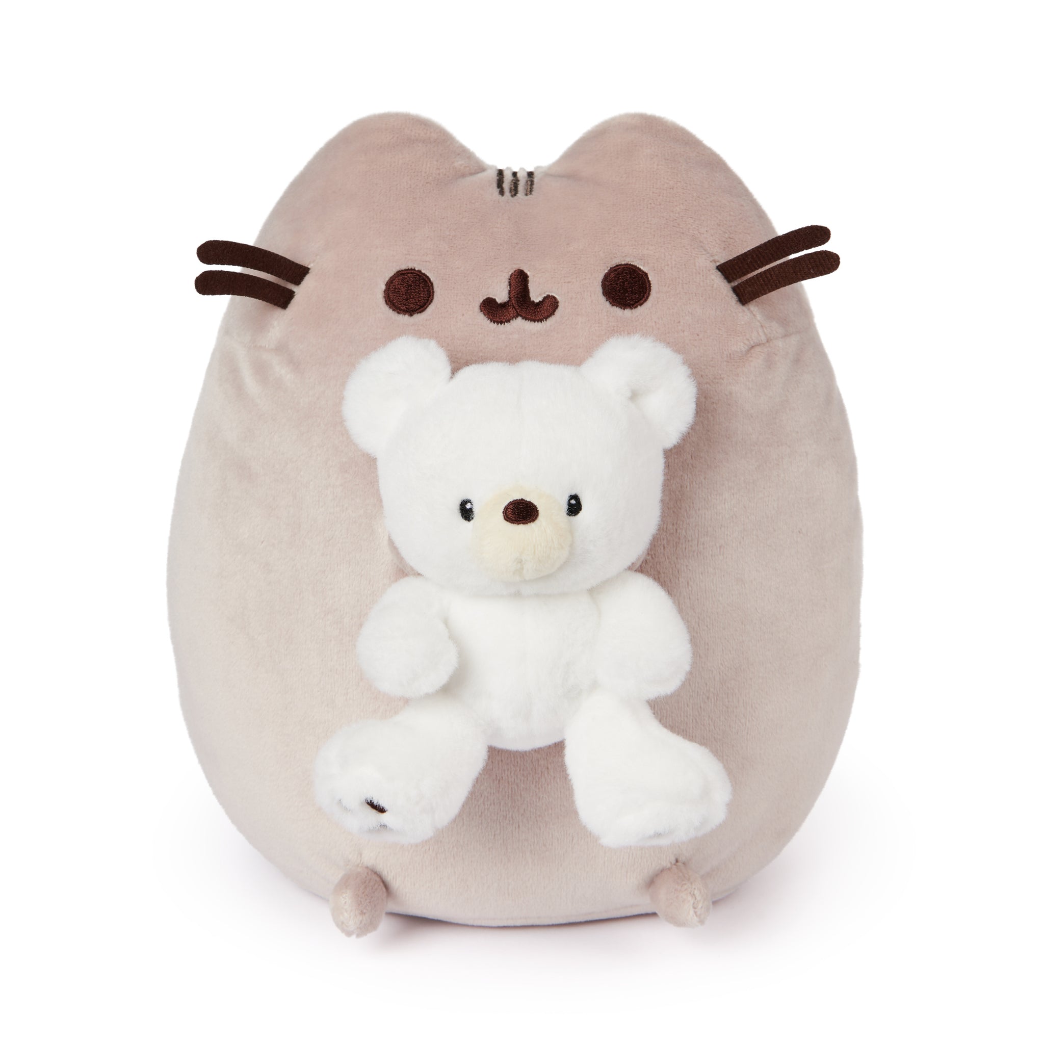 Pusheen plush toy with a white teddy bear.