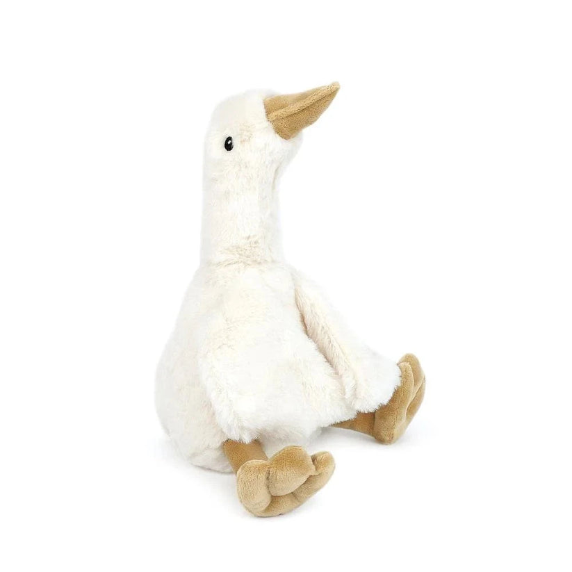 Stuffed white goose with brown beak and feet, sitting up.