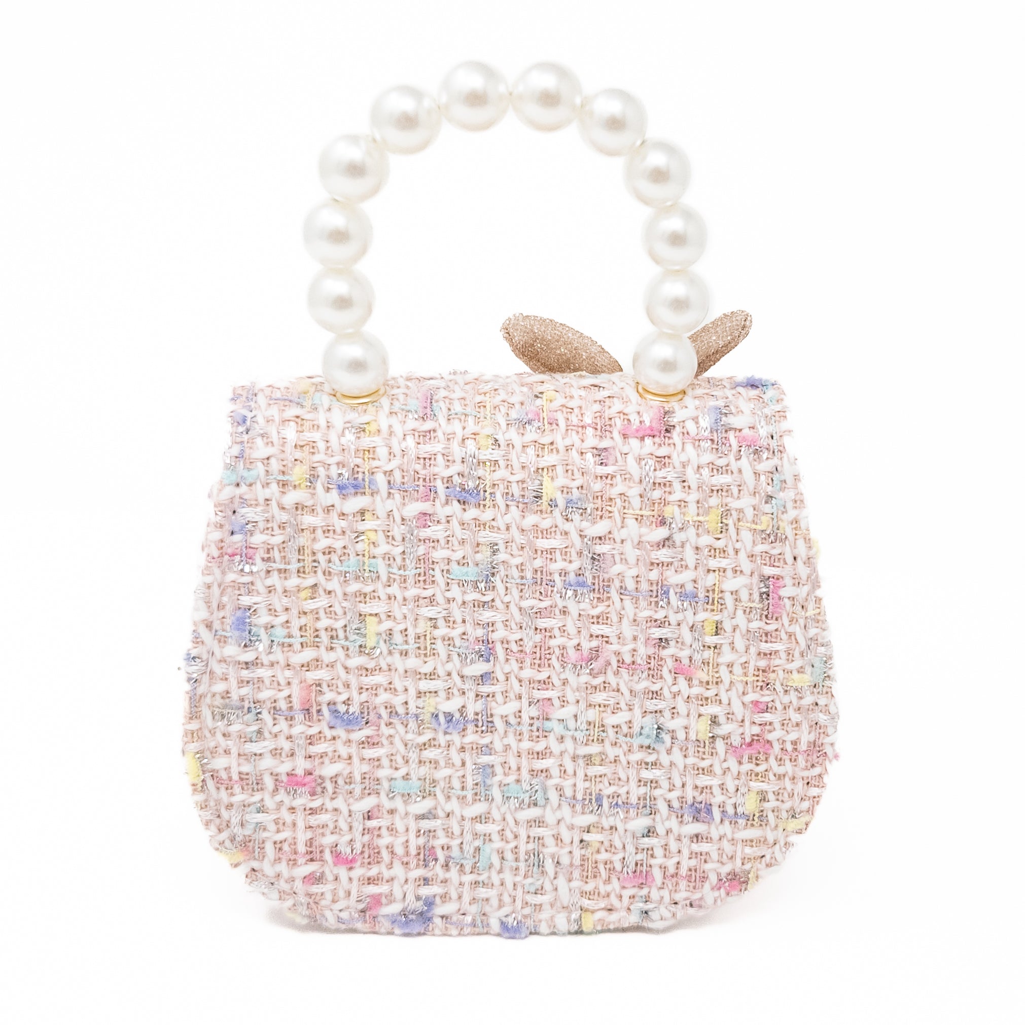 Small tweed handbag with pearl handle.