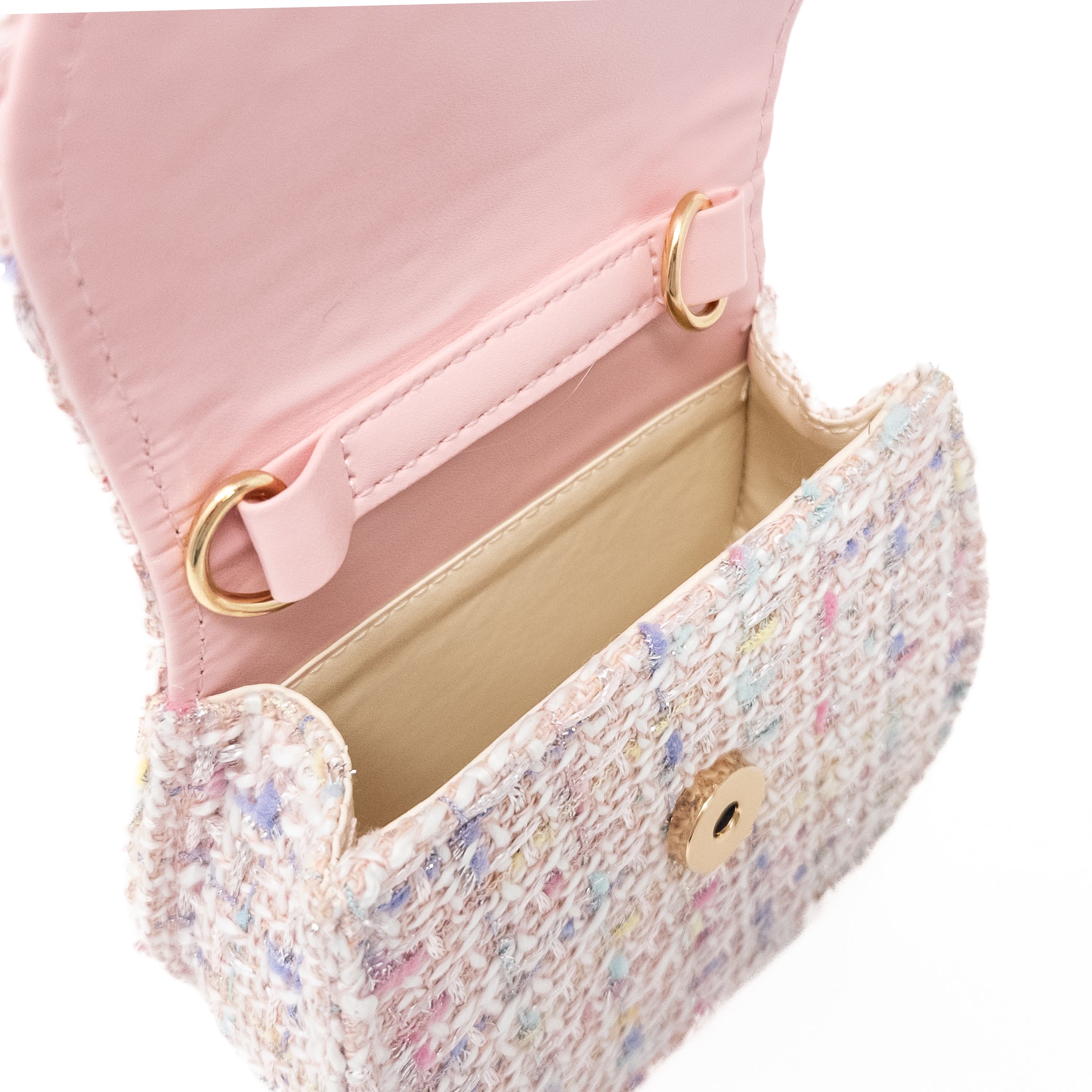 Open pink and white tweed handbag.