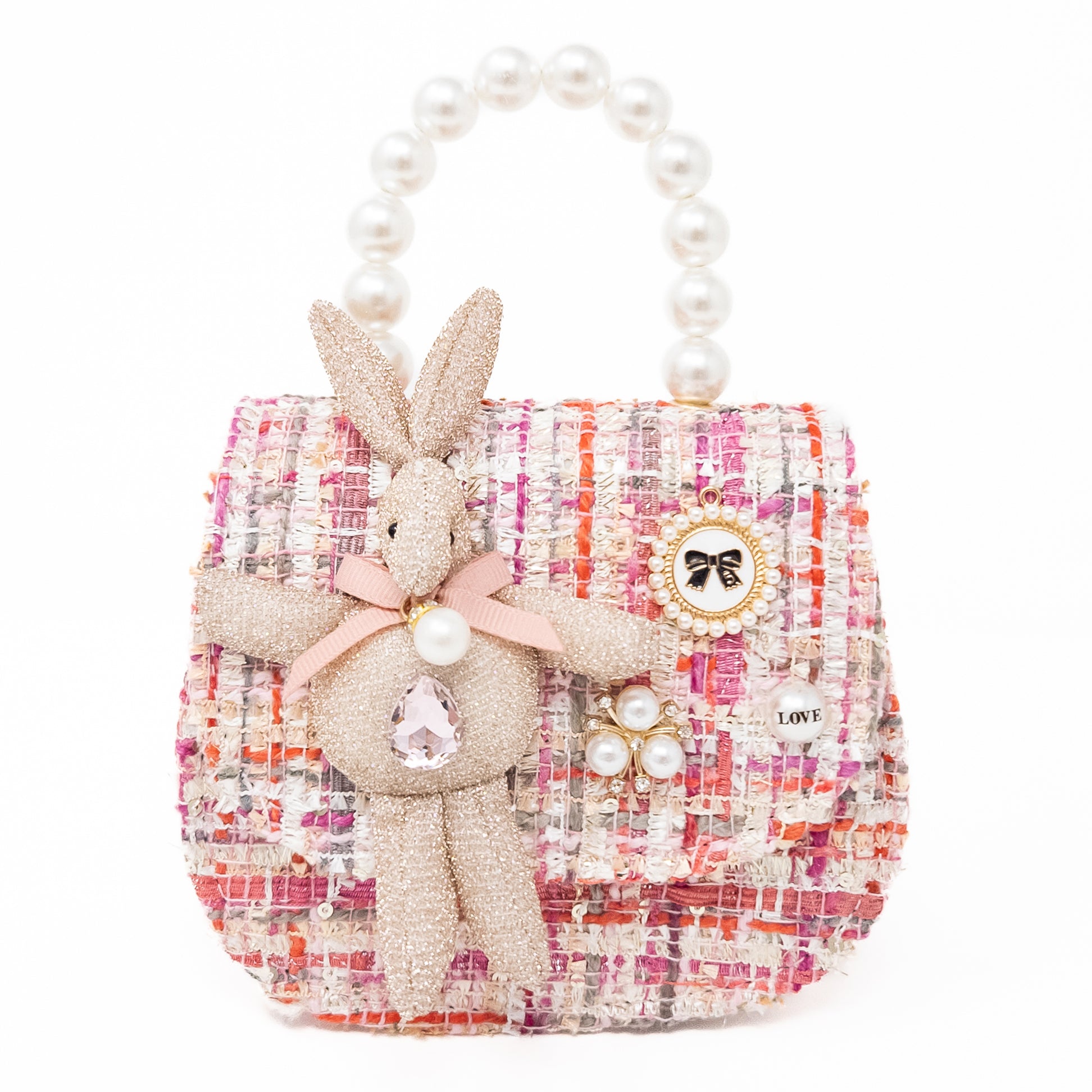 Pink and white tweed purse with pearl handle and bunny applique.