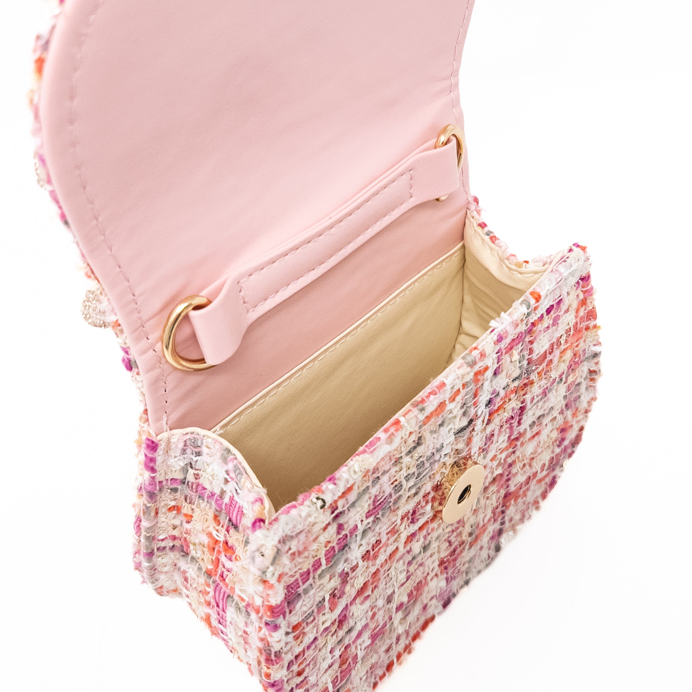Open pink and tweed shoulder bag.