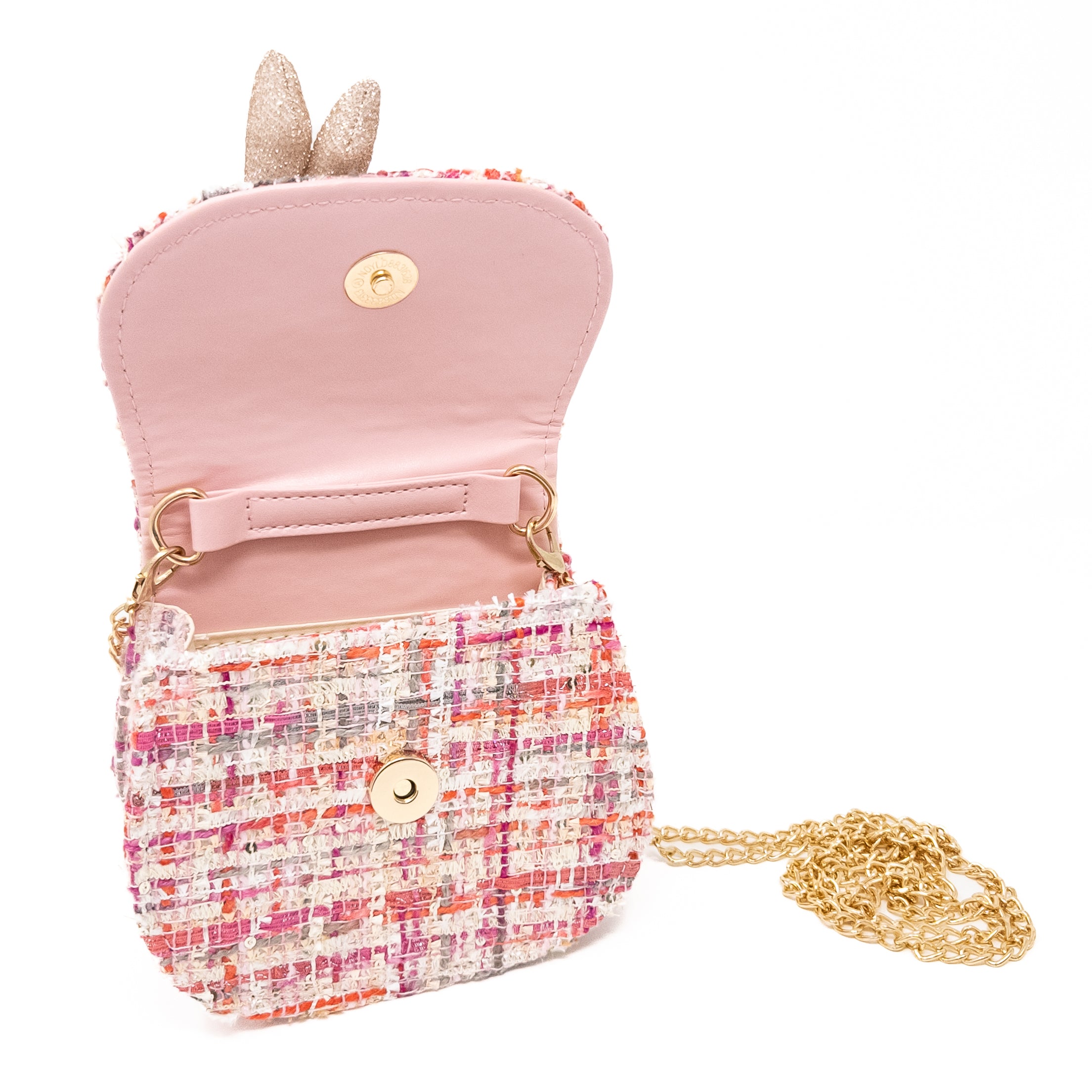 Open pink and tweed rabbit-ear purse with gold chain.