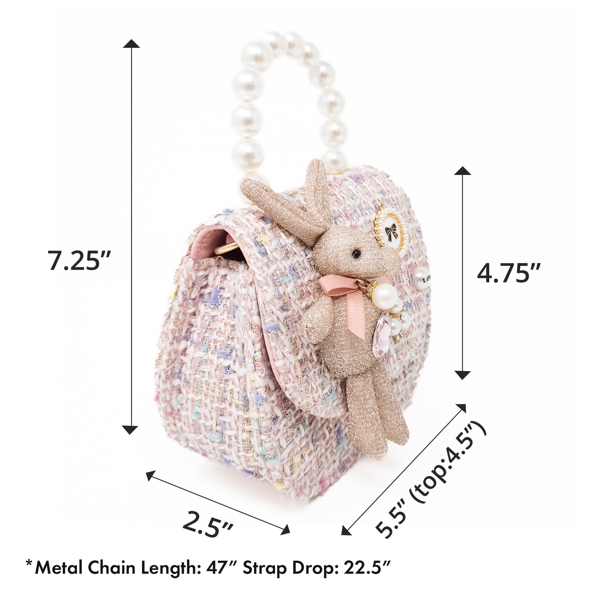 Front view of a tweed purse with a rabbit plushie.