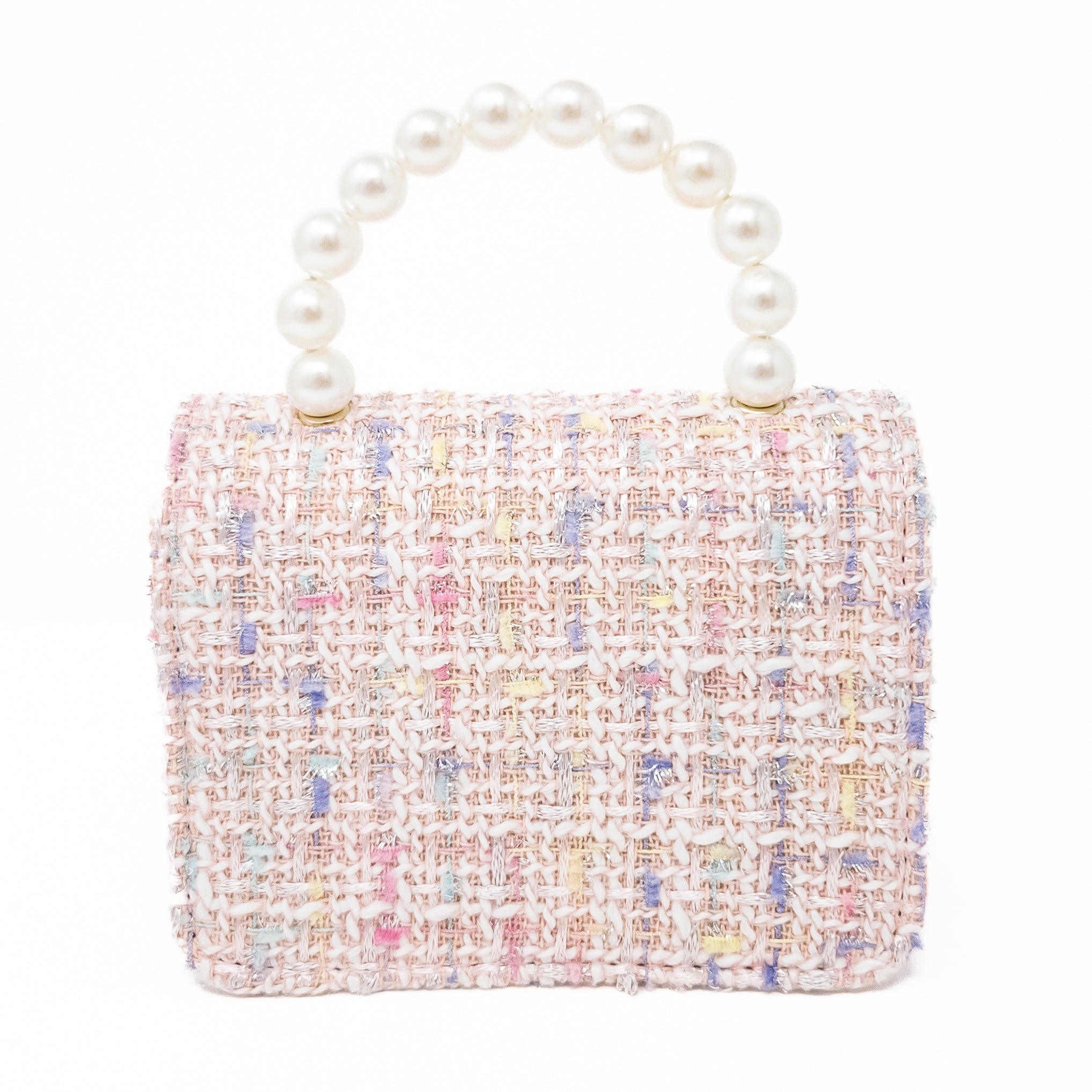Pink tweed handbag with pearl handle.