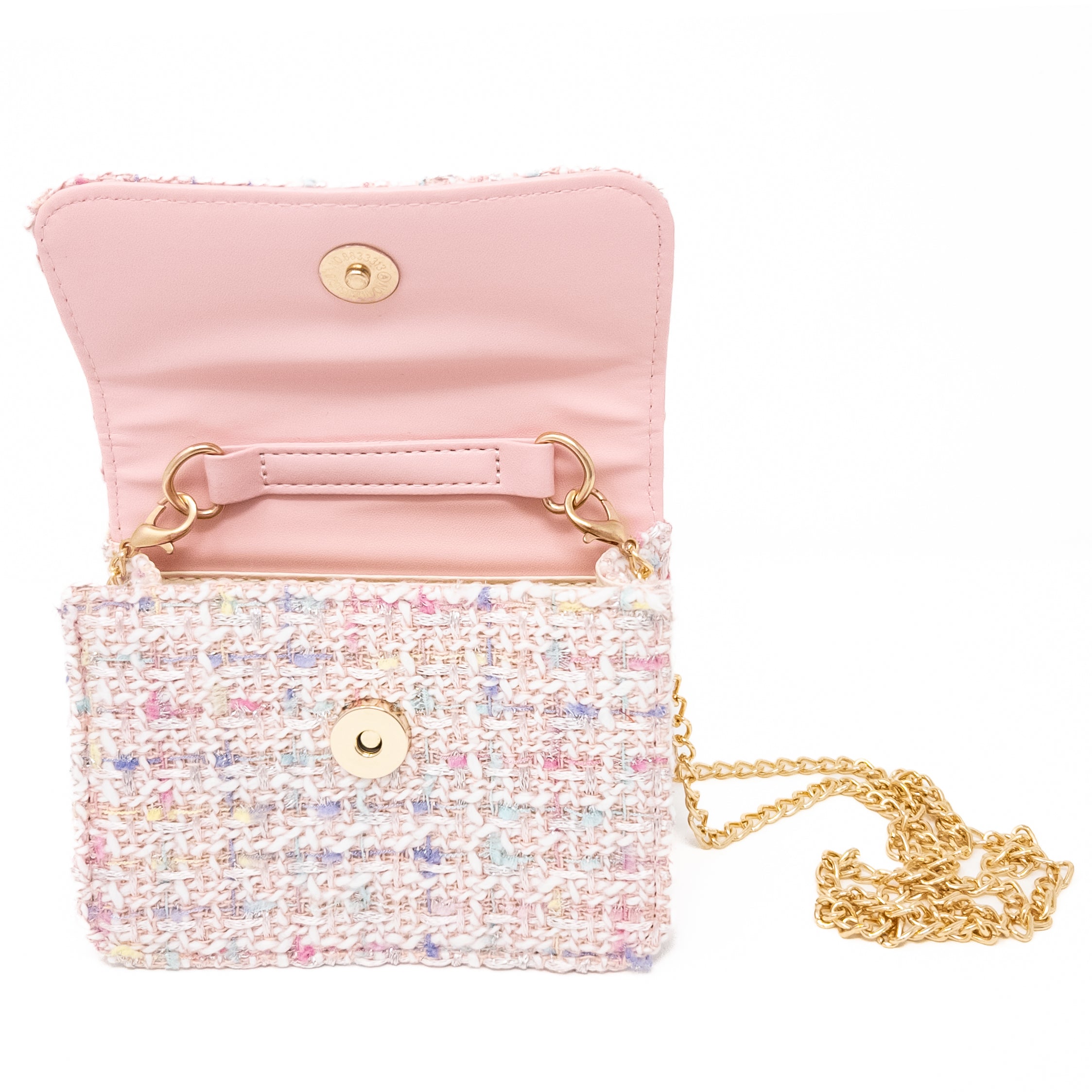Open pink tweed purse with gold chain strap.