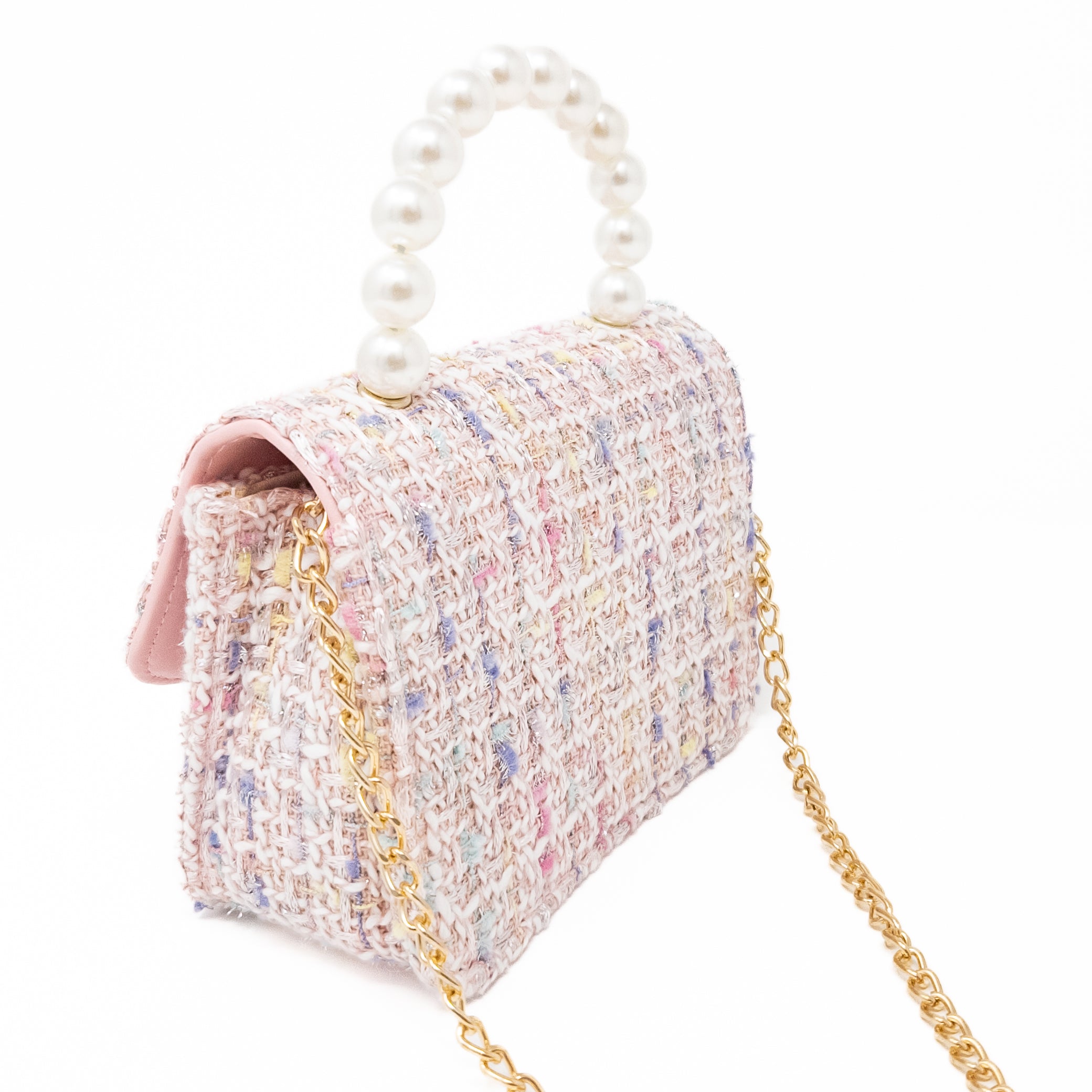 Pink tweed purse with pearl handle and gold chain.