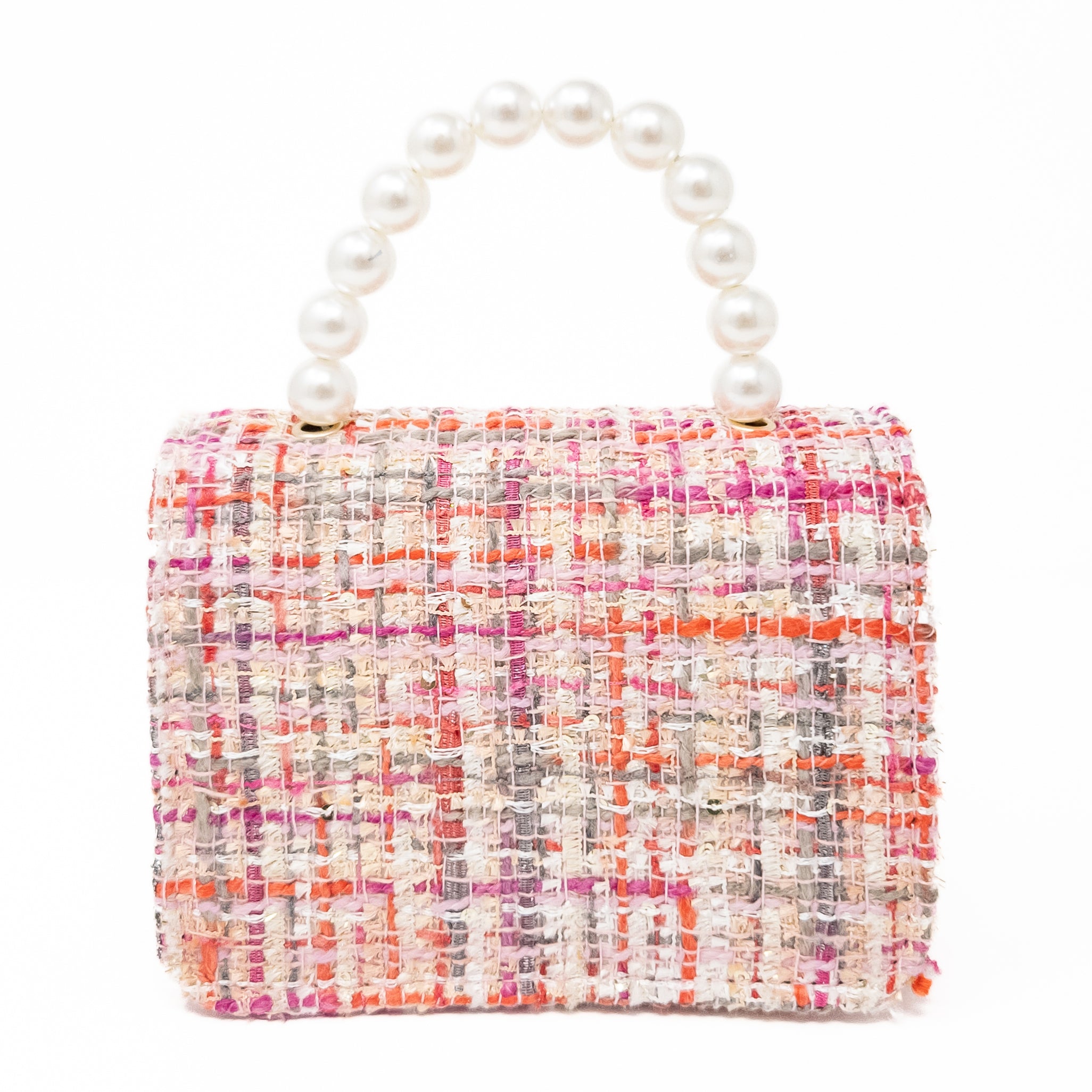 Pink and orange tweed handbag with pearl handle.