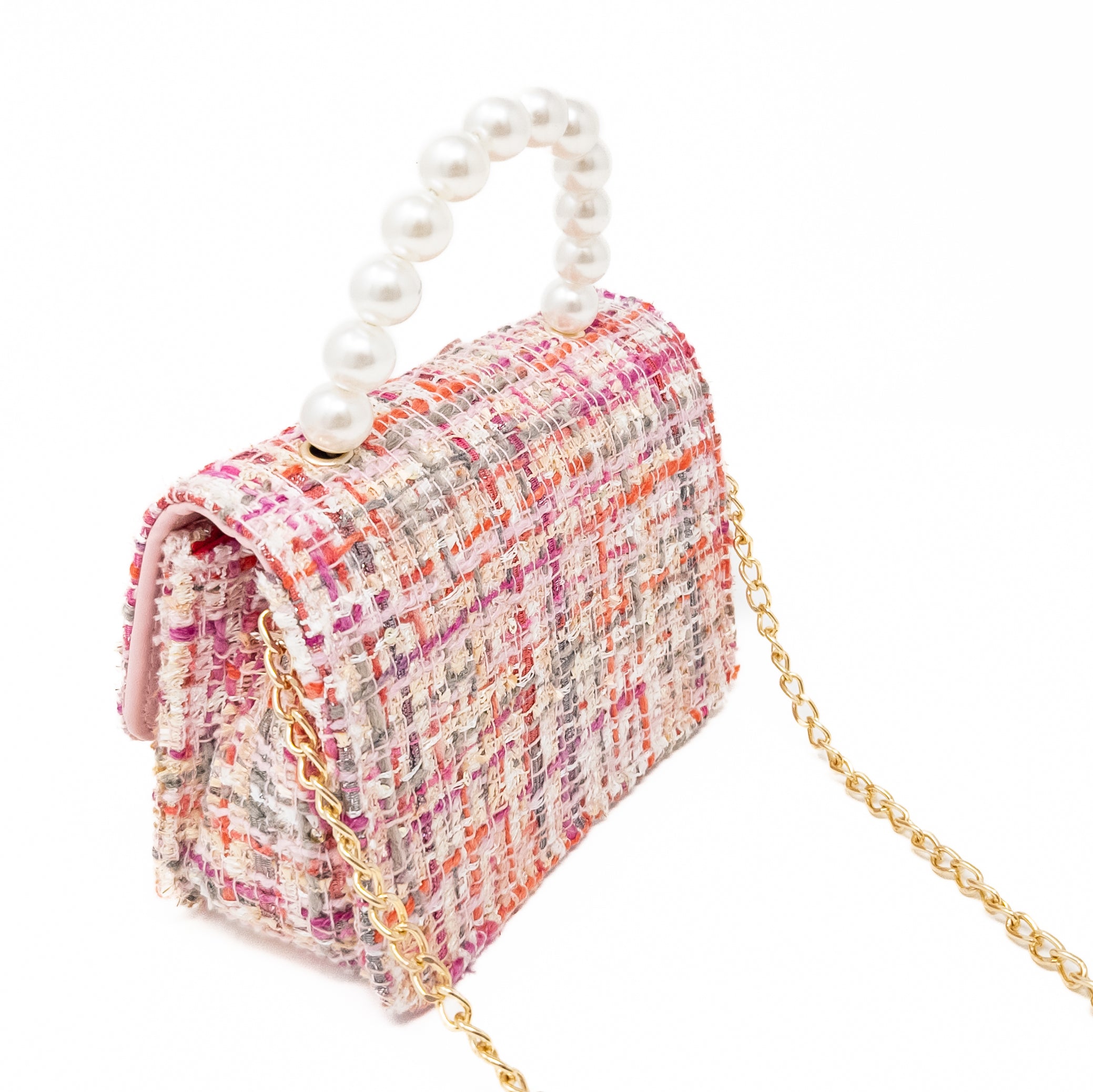 Tweed purse with pearl handle and gold chain.