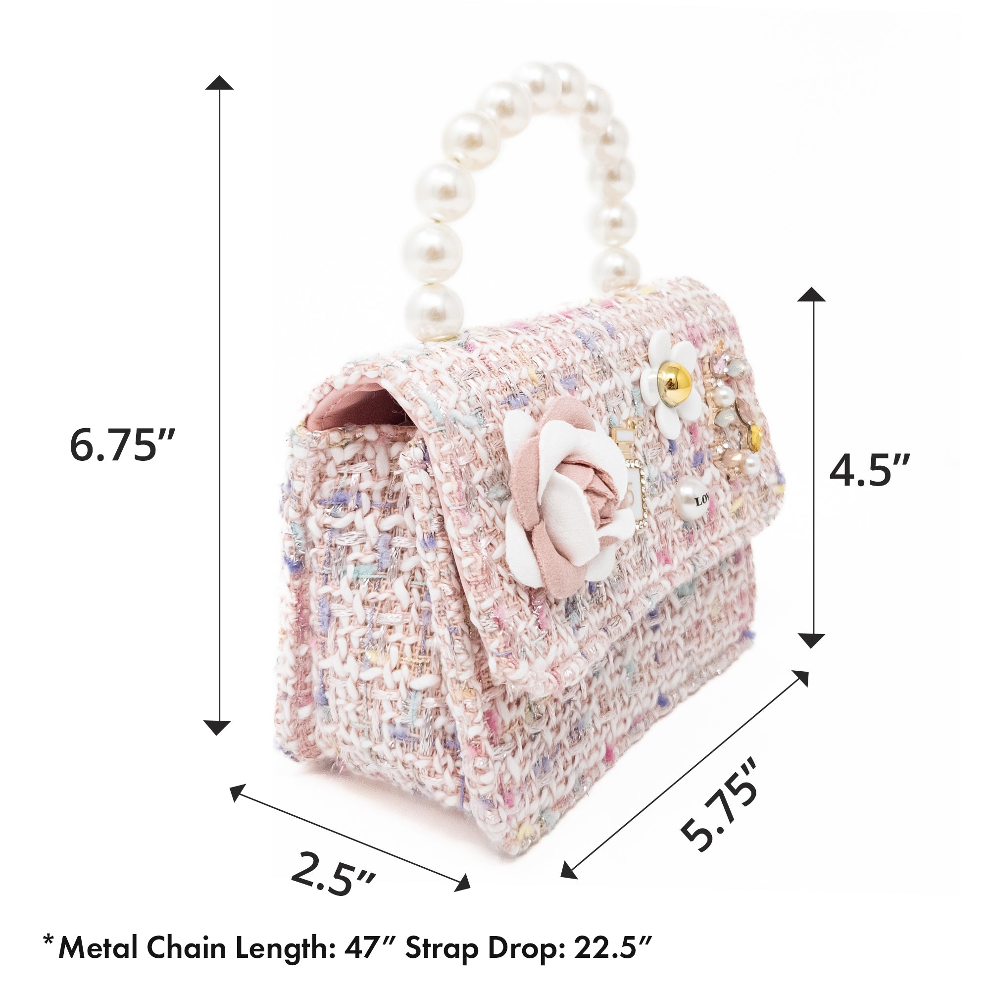 A pink tweed purse with pearl handle and flower embellishments.