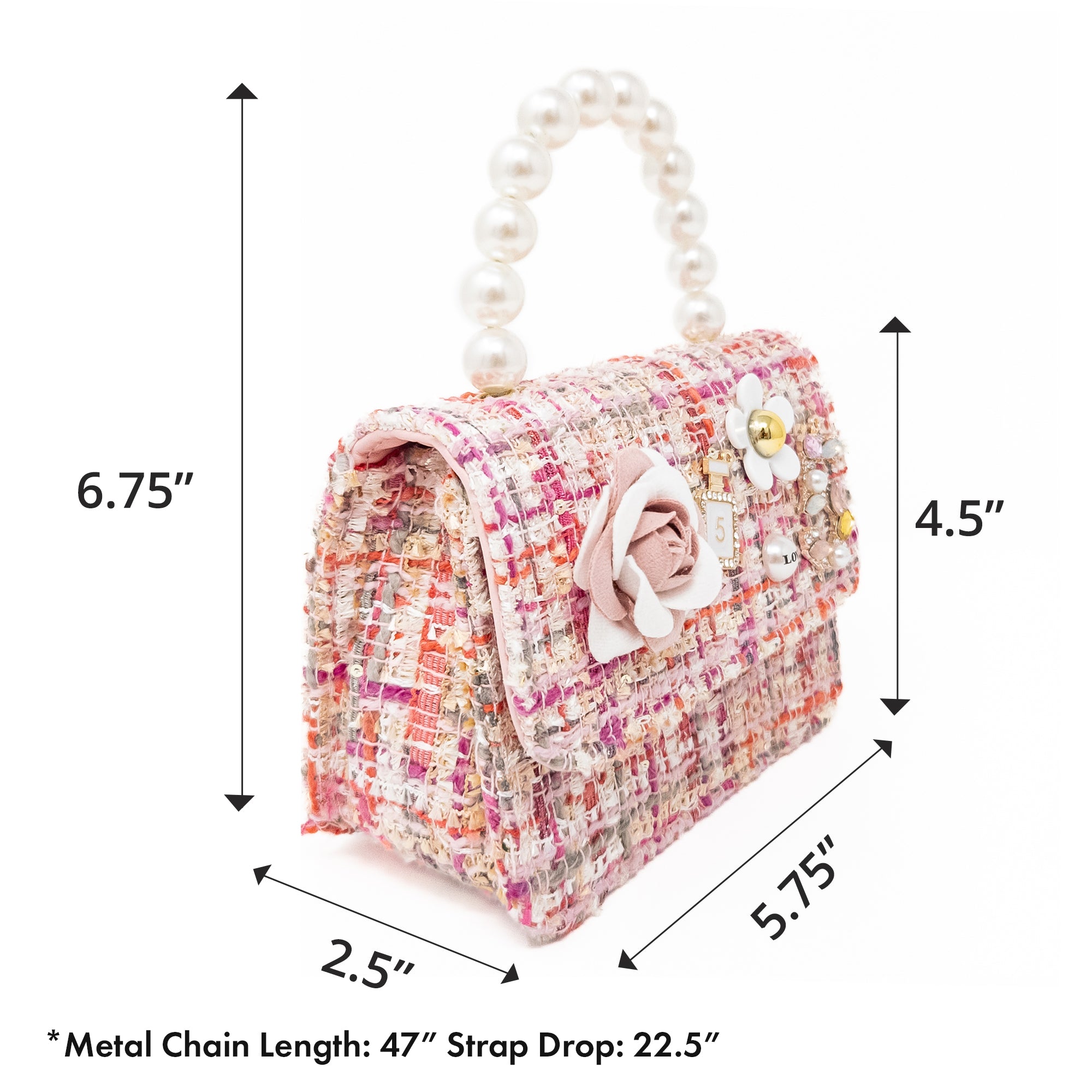 A small tweed handbag with pearl handle and floral embellishments, alongside dimension labels.
