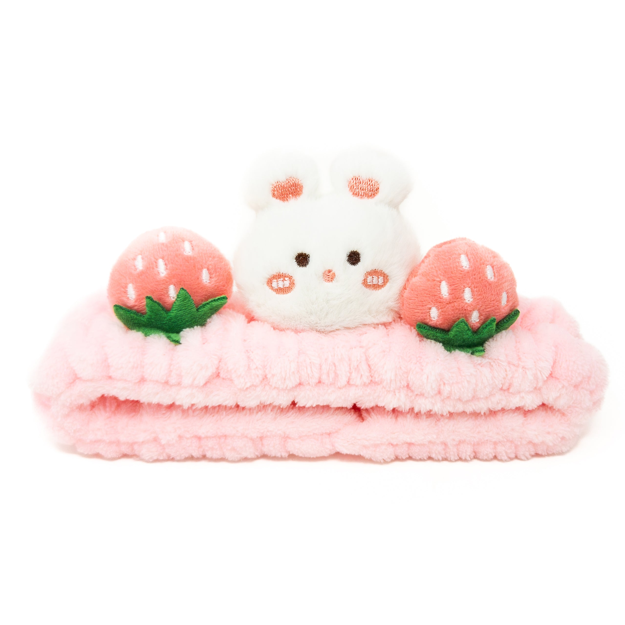 Pink headband with white bunny and strawberry details.