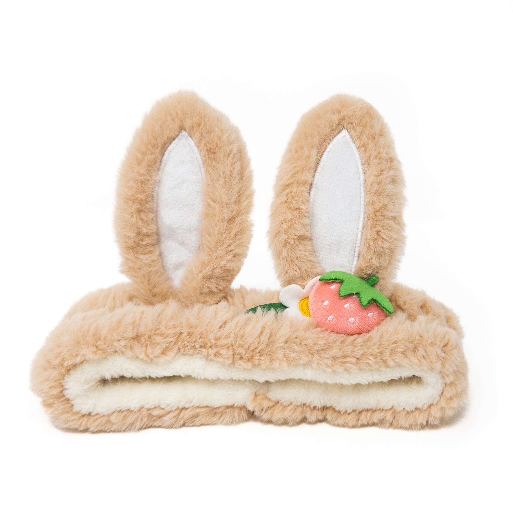 Fuzzy bunny ear headband with strawberry applique.