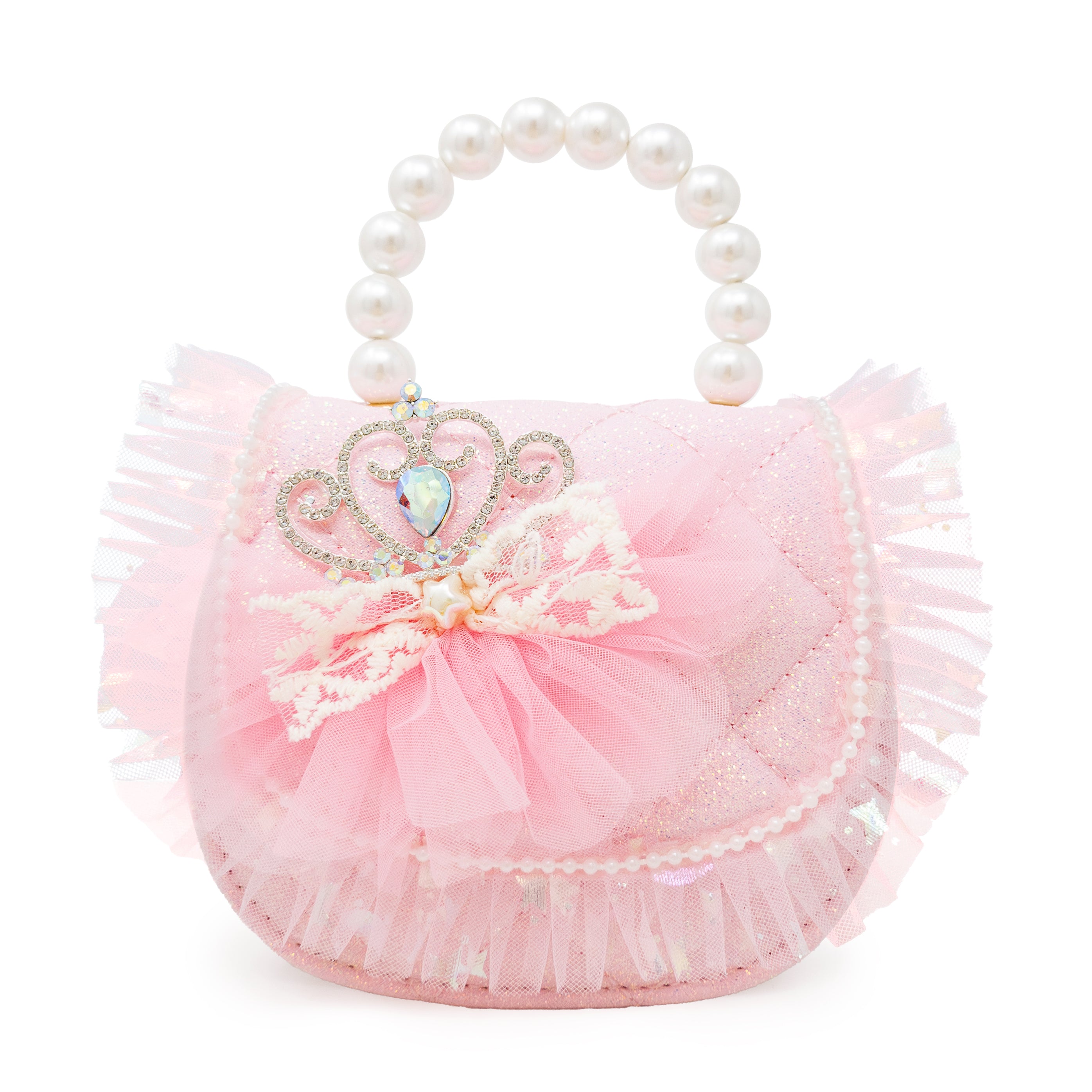 Pink handbag with lace details and a pearl handle on a white background
