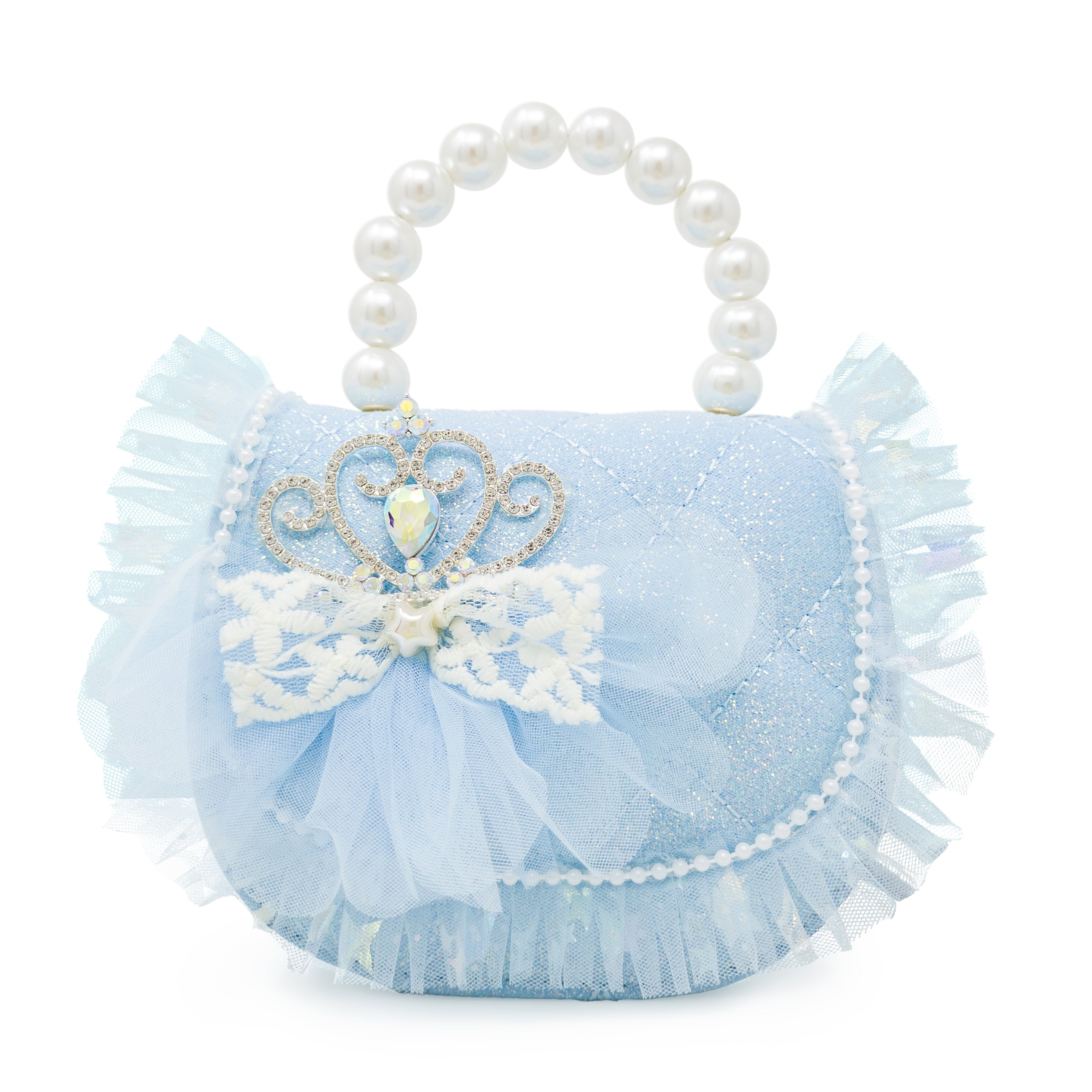 Blue handbag with lace and pearl details on a white background