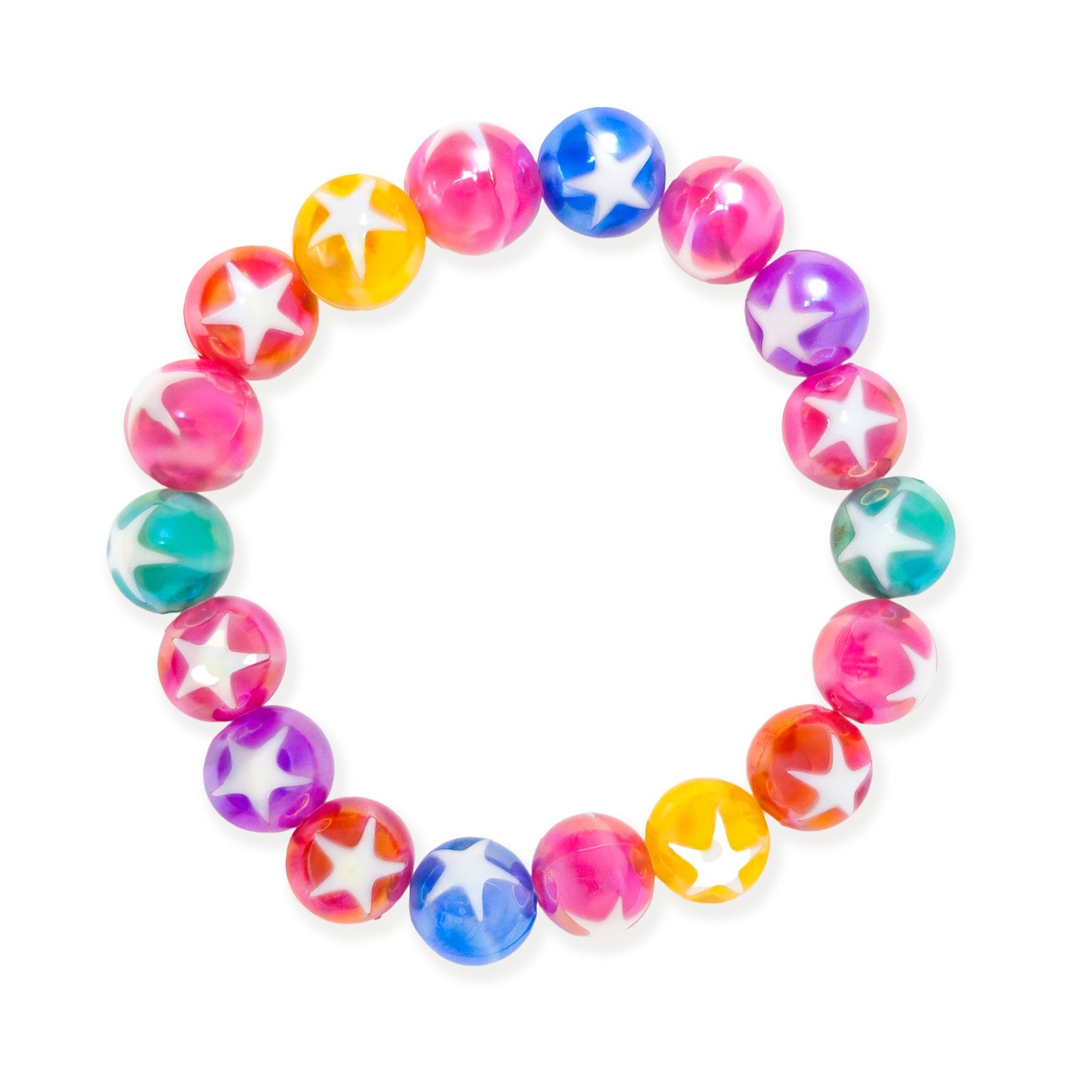 Colorful beaded bracelet with star patterns on a white background