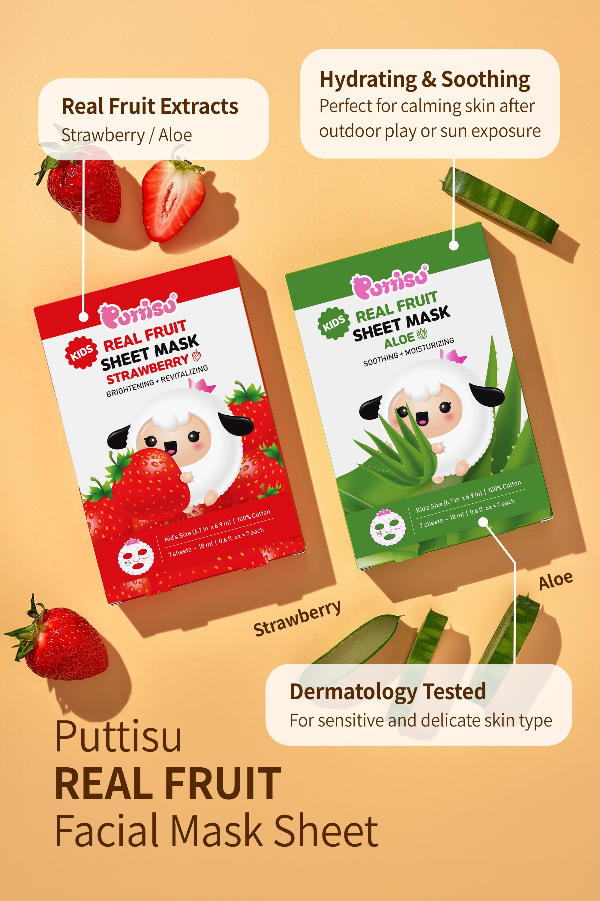 Two sheet masks for kids in strawberry and aloe varieties with real fruit extracts for sensitive skin.