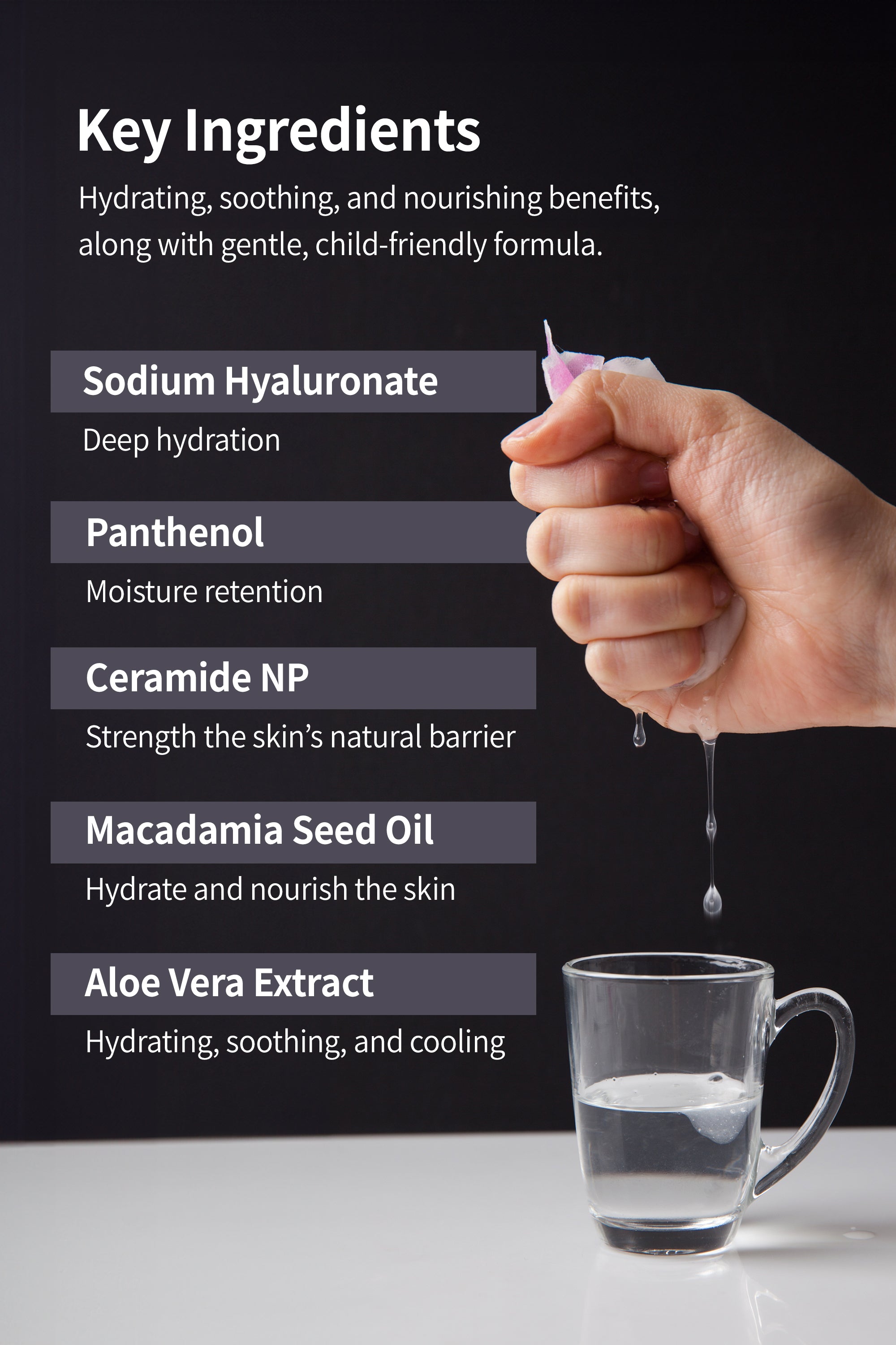 Product advertisement image showcasing skin care ingredients with a hand squeezing a wet cloth over a glass of water.