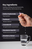 Product image displaying key ingredients of a skincare product next to a hand squeezing moisture out of a cosmetic pad into a clear glass mug.