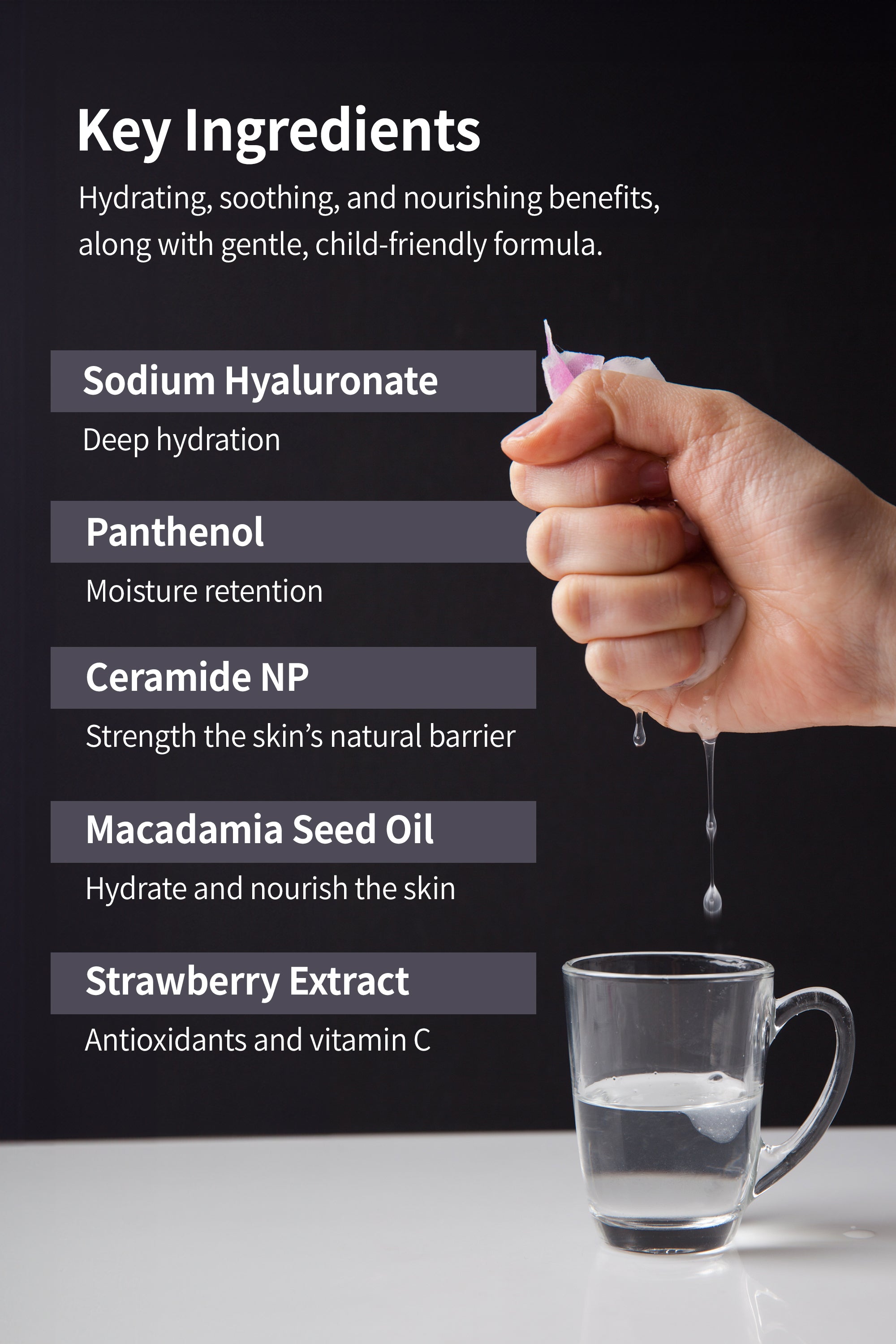 Product image displaying key ingredients of a skincare product next to a hand squeezing moisture out of a cosmetic pad into a clear glass mug.
