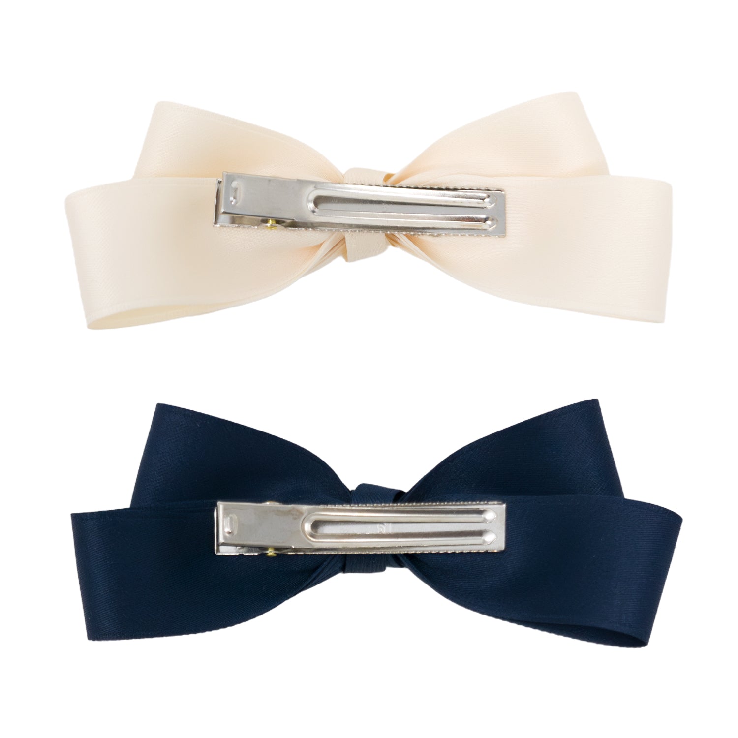 Set of two large double bow clips, one cream and one navy blue, with metal hair clips on the back.