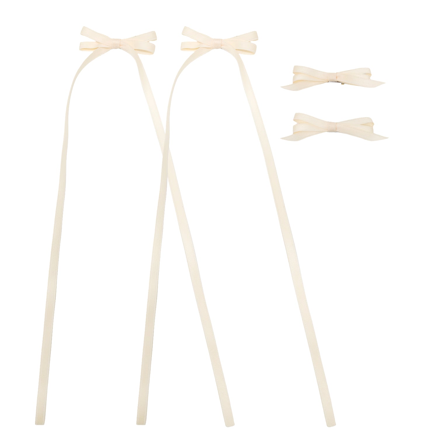Cream ribbon bow clip set featuring two bows with long trailing ribbons and two smaller bow clips.