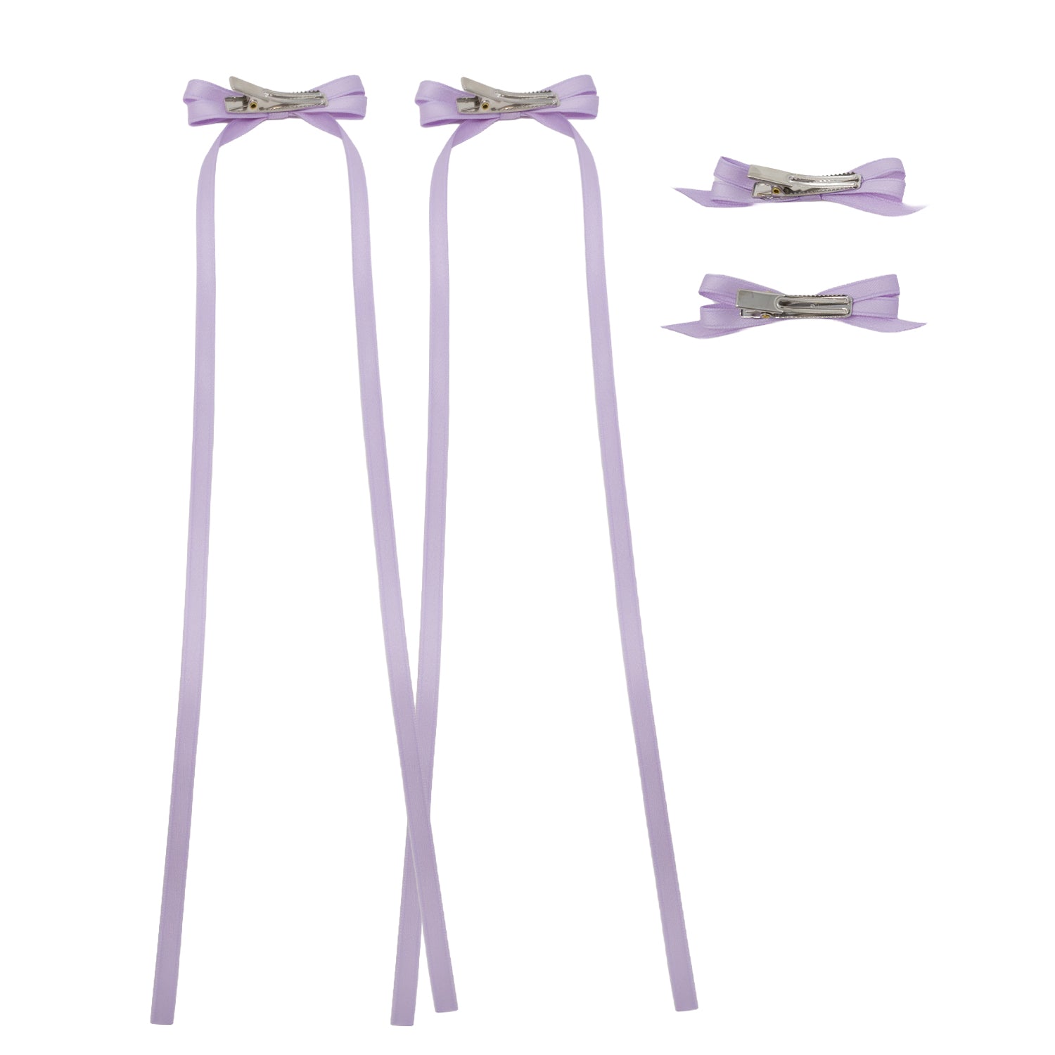 Lavender ribbon bow clip set featuring two clips with long trailing ribbons and two simple bow clips.