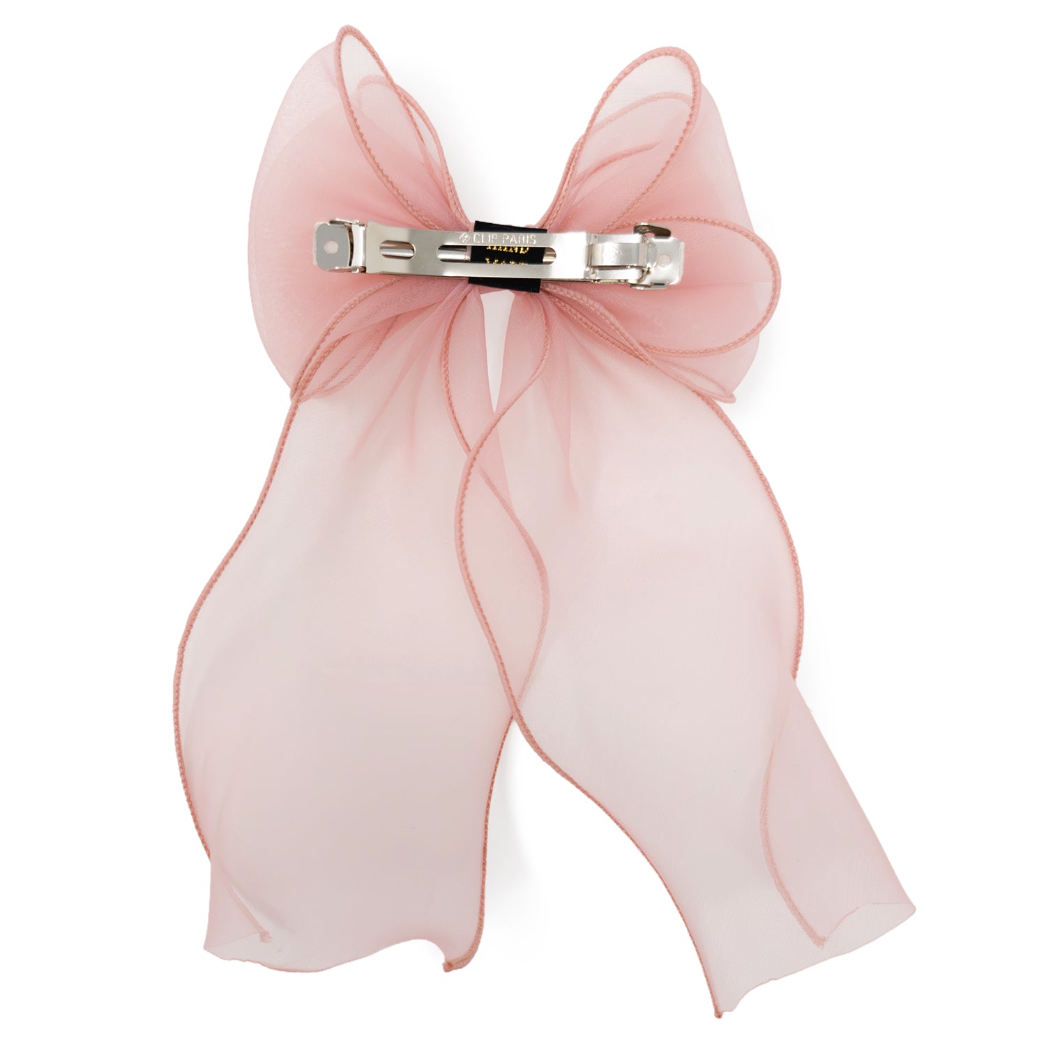 Pink organza large bow clip with sheer fabric and ruffled edges, back view showing a metal hair clip.