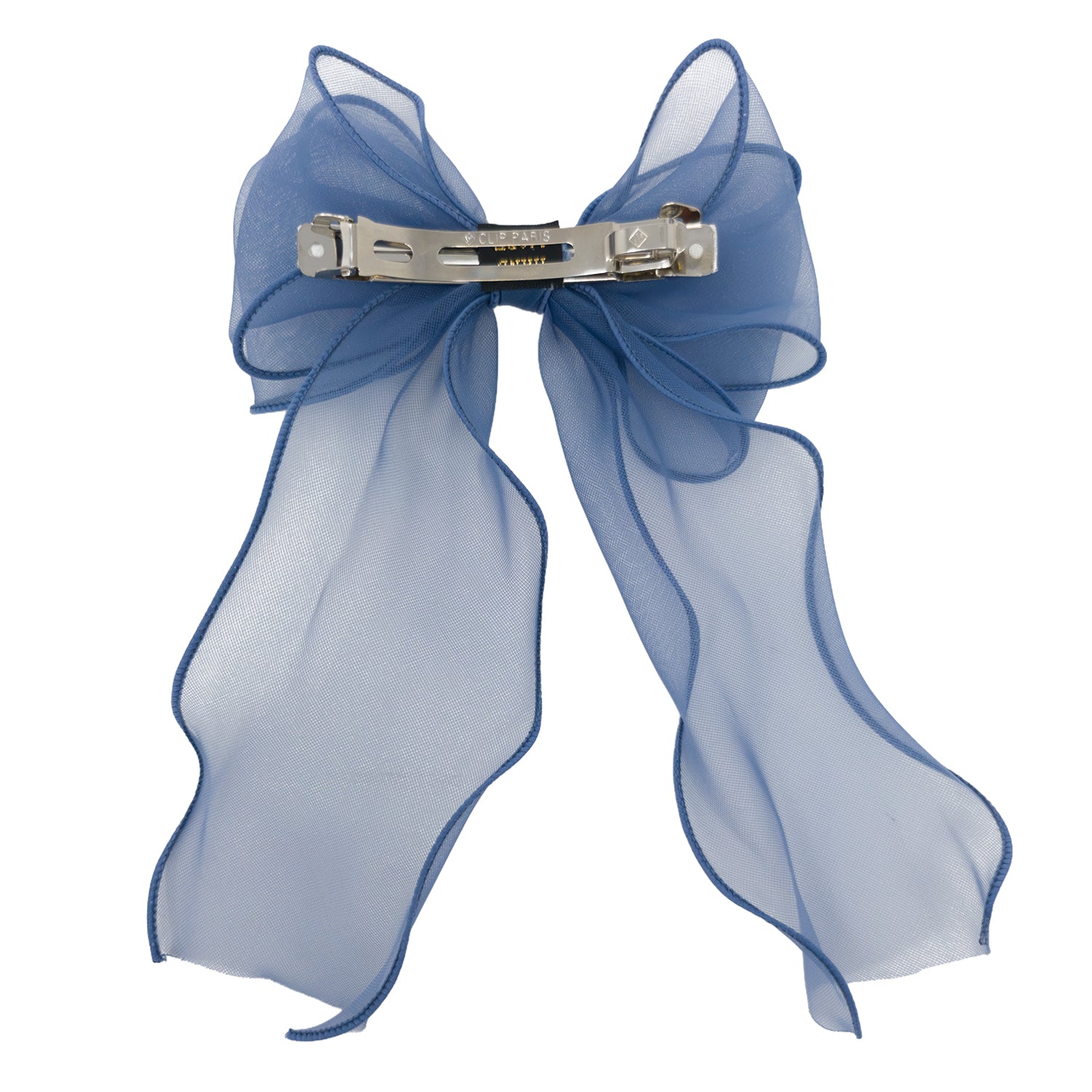 Large Organza Bow Clip in blue, featuring a sheer fabric texture and a silver-toned metal hair clip on the back.