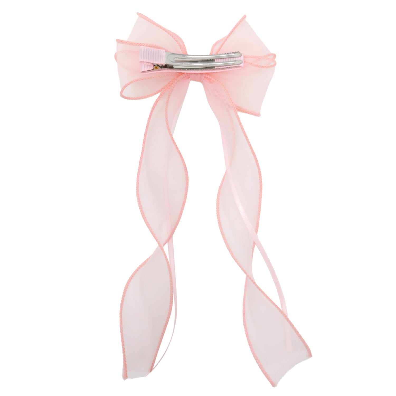Pink organza double ribbon hair clip featuring a silver metal barrette and long, flowing sheer tails.