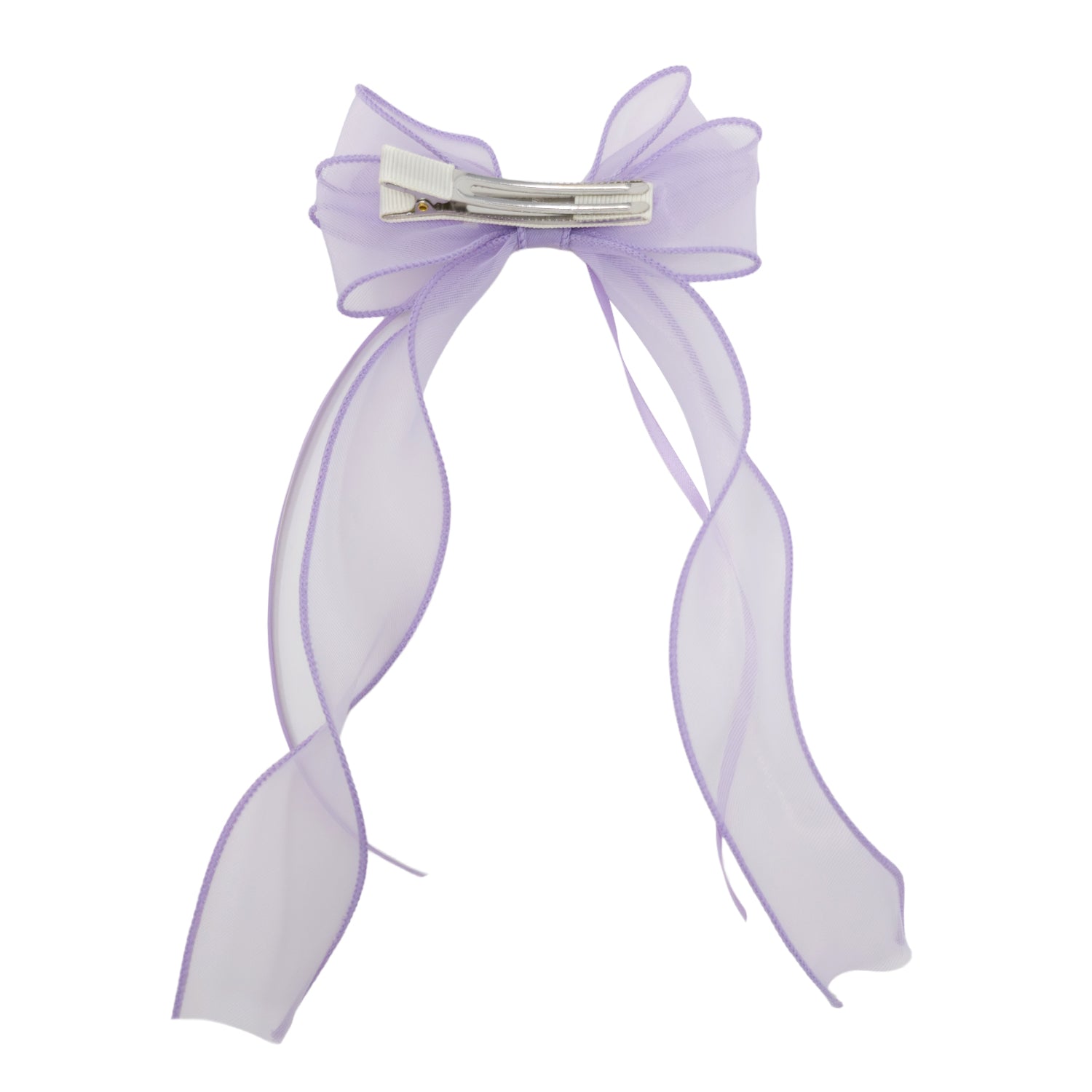 Lavender organza double ribbon clip with sheer flowing ribbons, backed by a silver alligator clip.