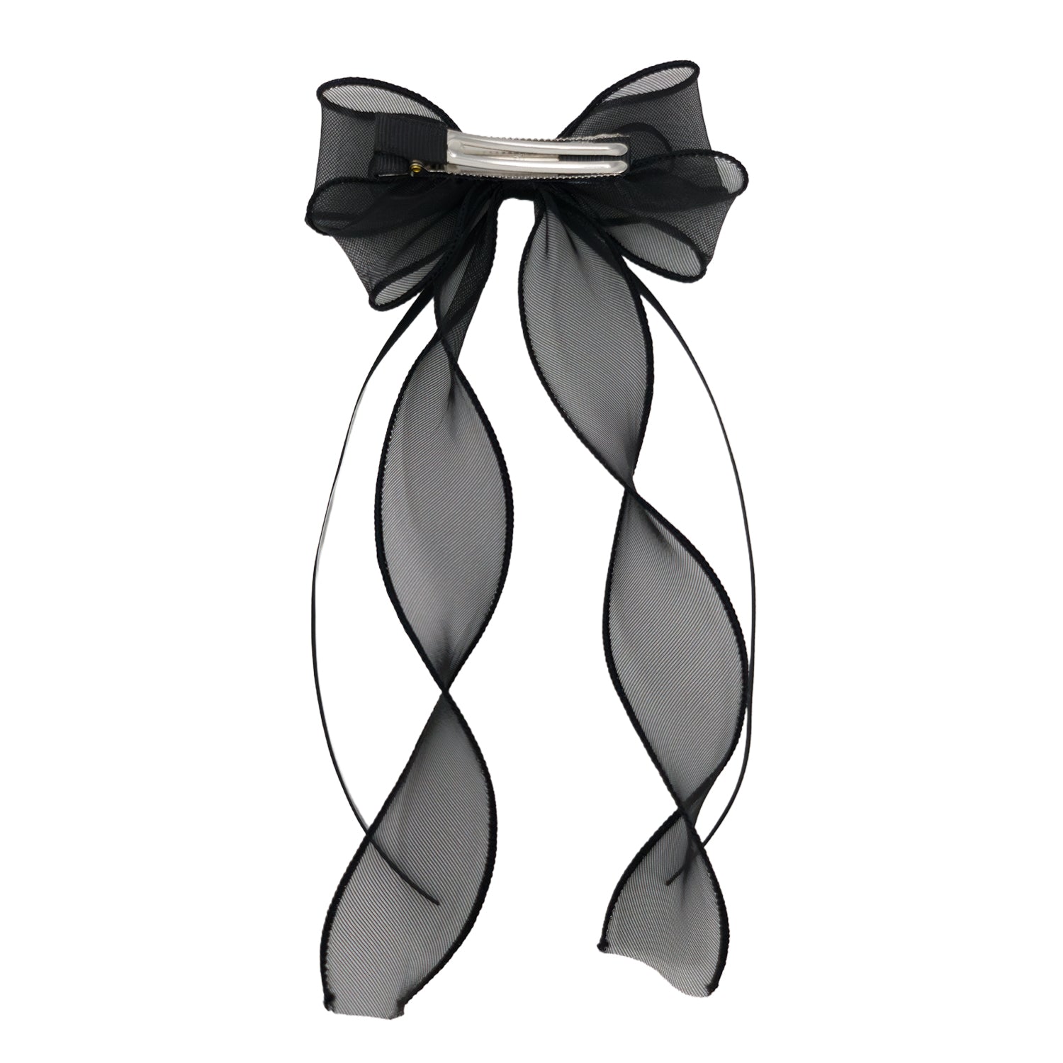 Black organza double ribbon clip with a delicate bow and two long, wavy sheer ribbons attached.