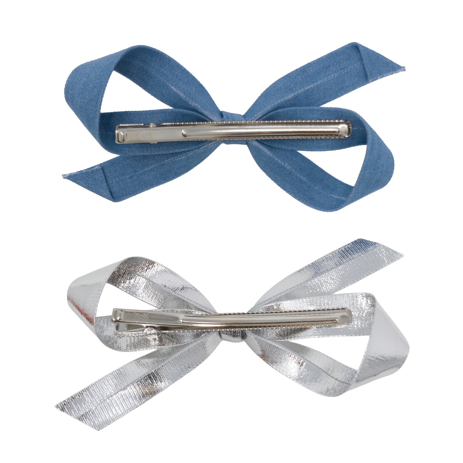 Bow Clip Set of two: one light blue denim and one shiny silver, both with visible metal alligator clips on the back.