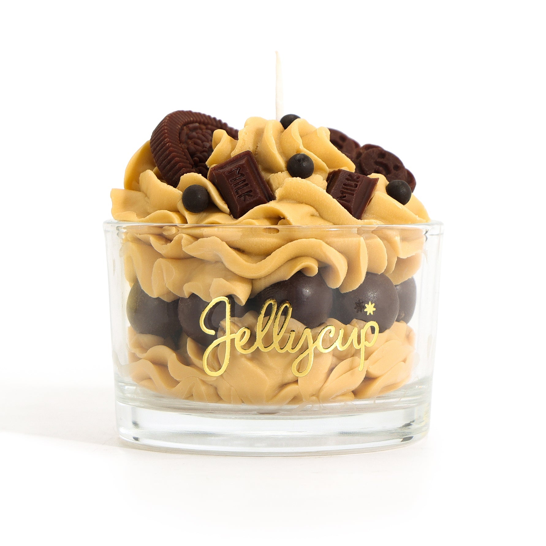 Candle in a glass jar with peanut butter and cookie toppings, branded 'Jellycup'.