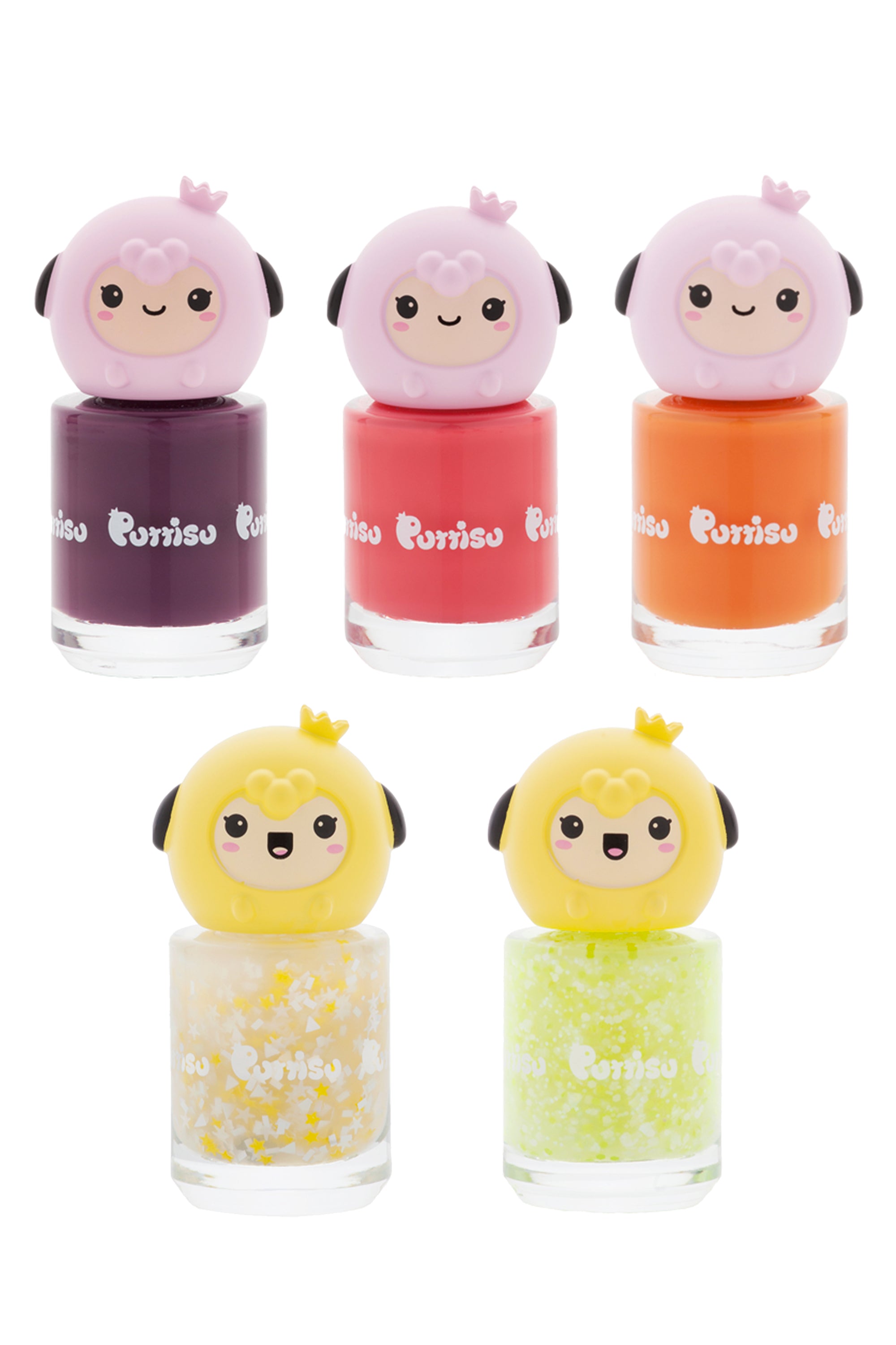 Five bottles of nail polish with cartoon sheep-shaped tops. The tops are pink and yellow. The polish itself is purple, red, orange, light with yellow stars, and light green.