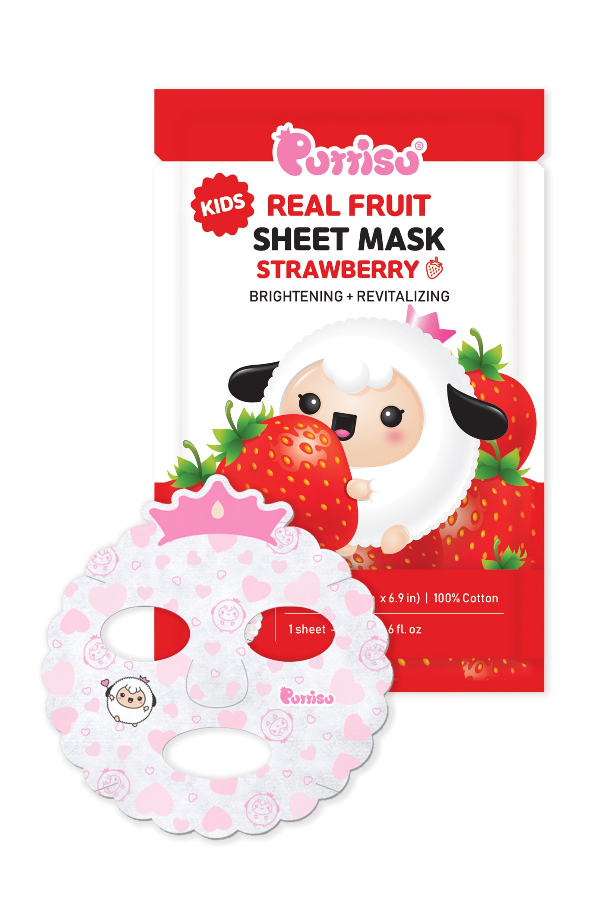A package of Purriso Kids Real Fruit Strawberry Sheet Mask with a strawberry-themed sheep mascot.