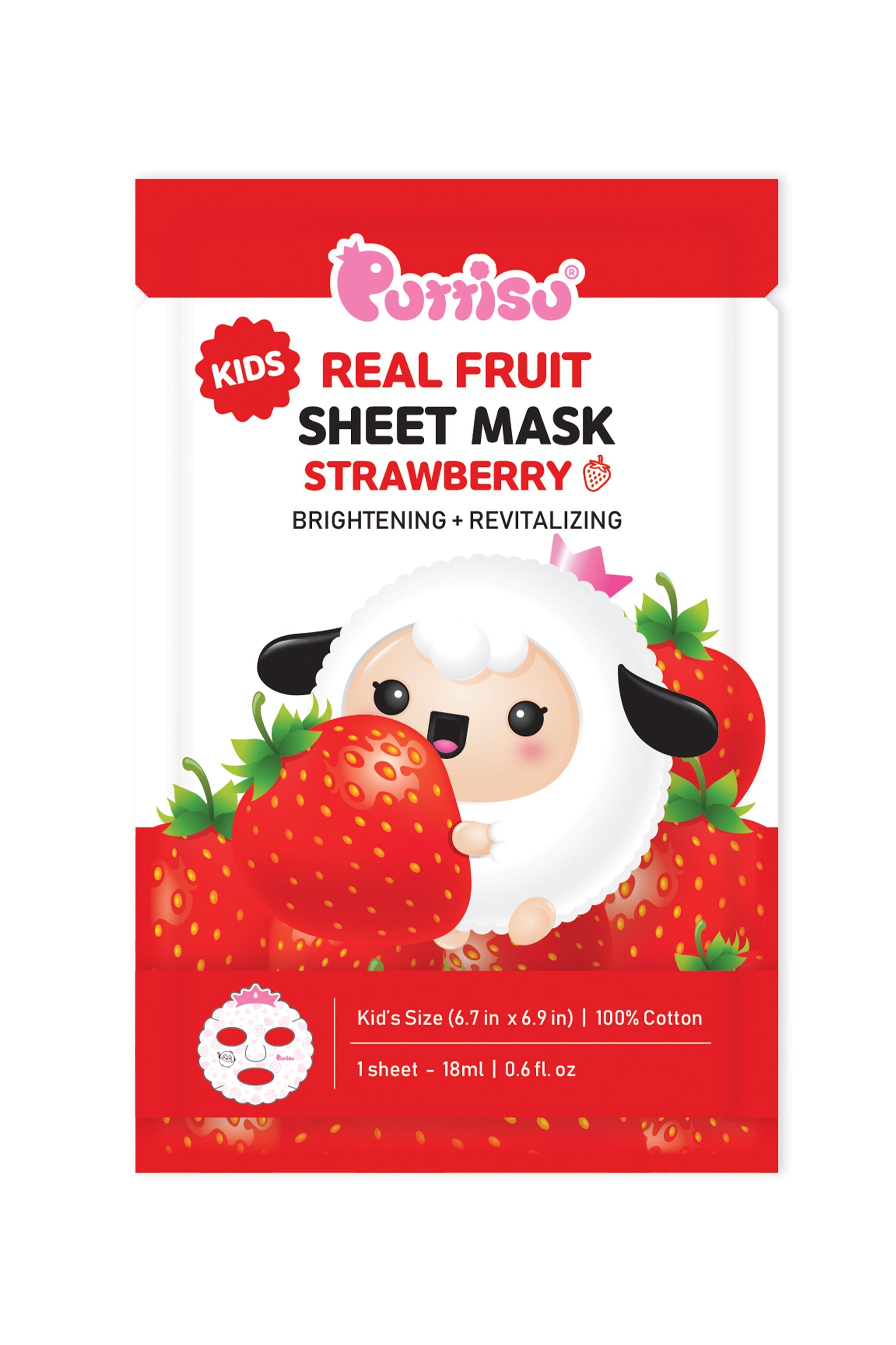 Product package for Purito "Kids Real Fruit Sheet Mask Strawberry" with a cartoon sheep and strawberries.