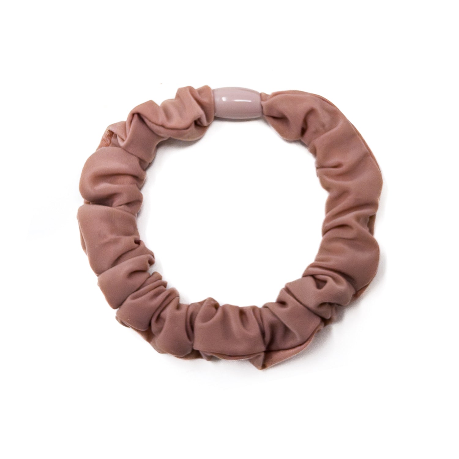 Wrinkled mauve fabric hair tie with light brown bead detail.