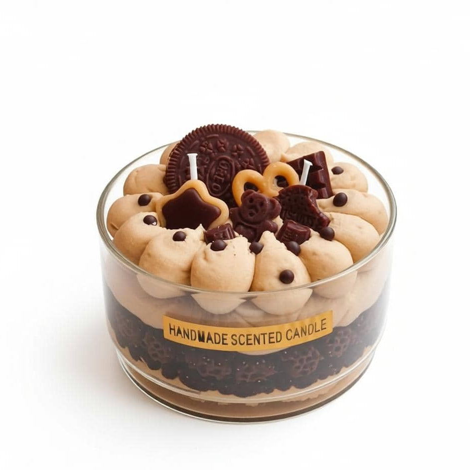 Handmade scented candle with cookie-themed design on a white background