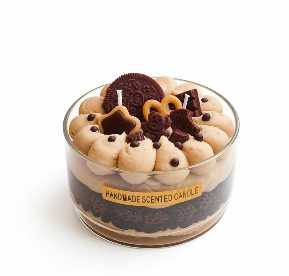 Handmade scented candle with cookie-themed design on a white background