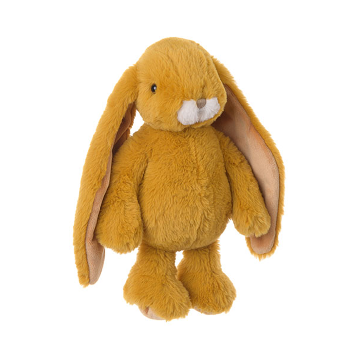 A plush bunny toy in a warm golden-brown color with a white muzzle and small black eyes, photographed against a plain white background.